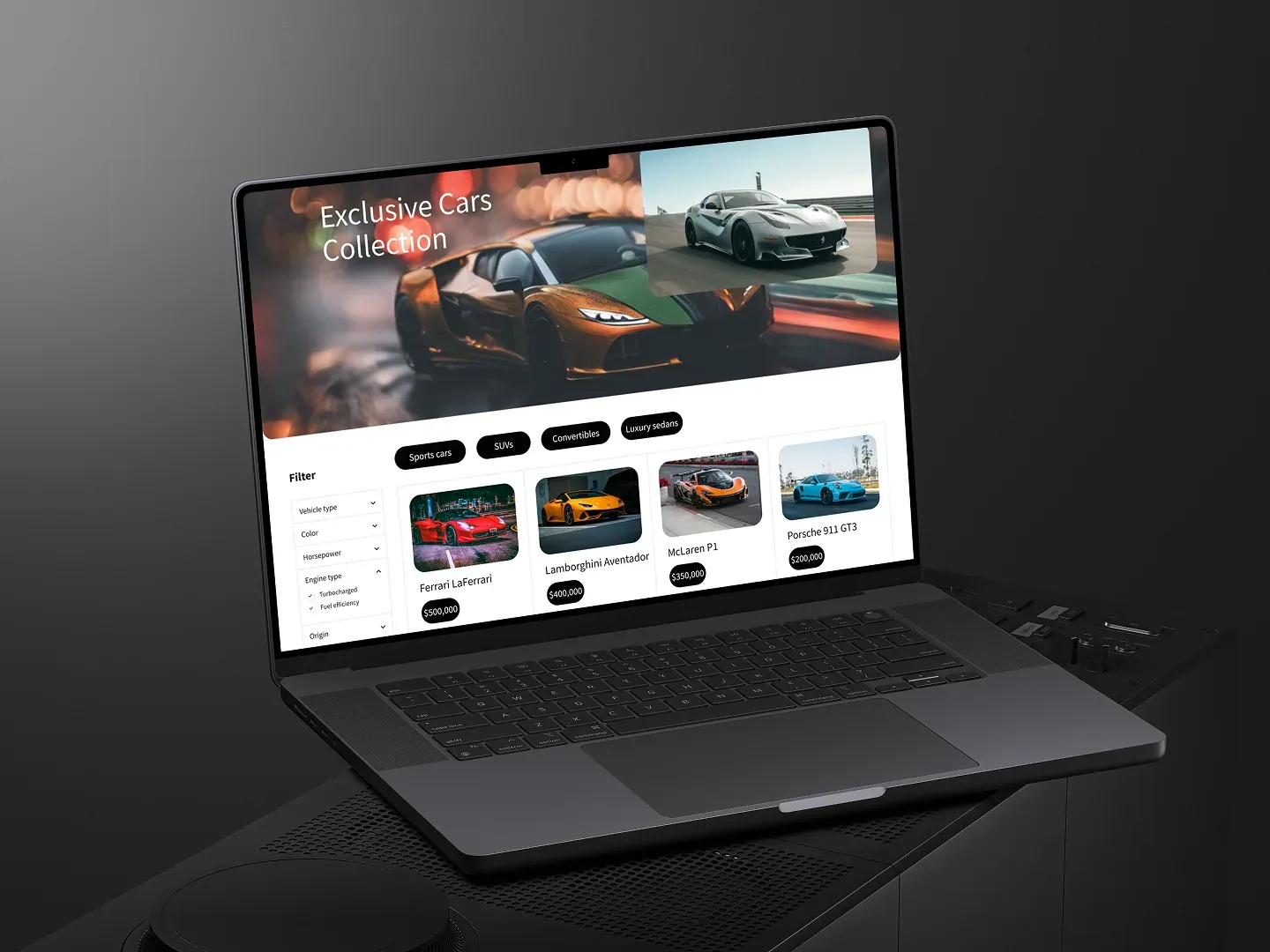 The ExoticRides collection page on a laptop, with the "Exclusive Cars Collection" header, category buttons, a filter panel and a grid of cars with prices.