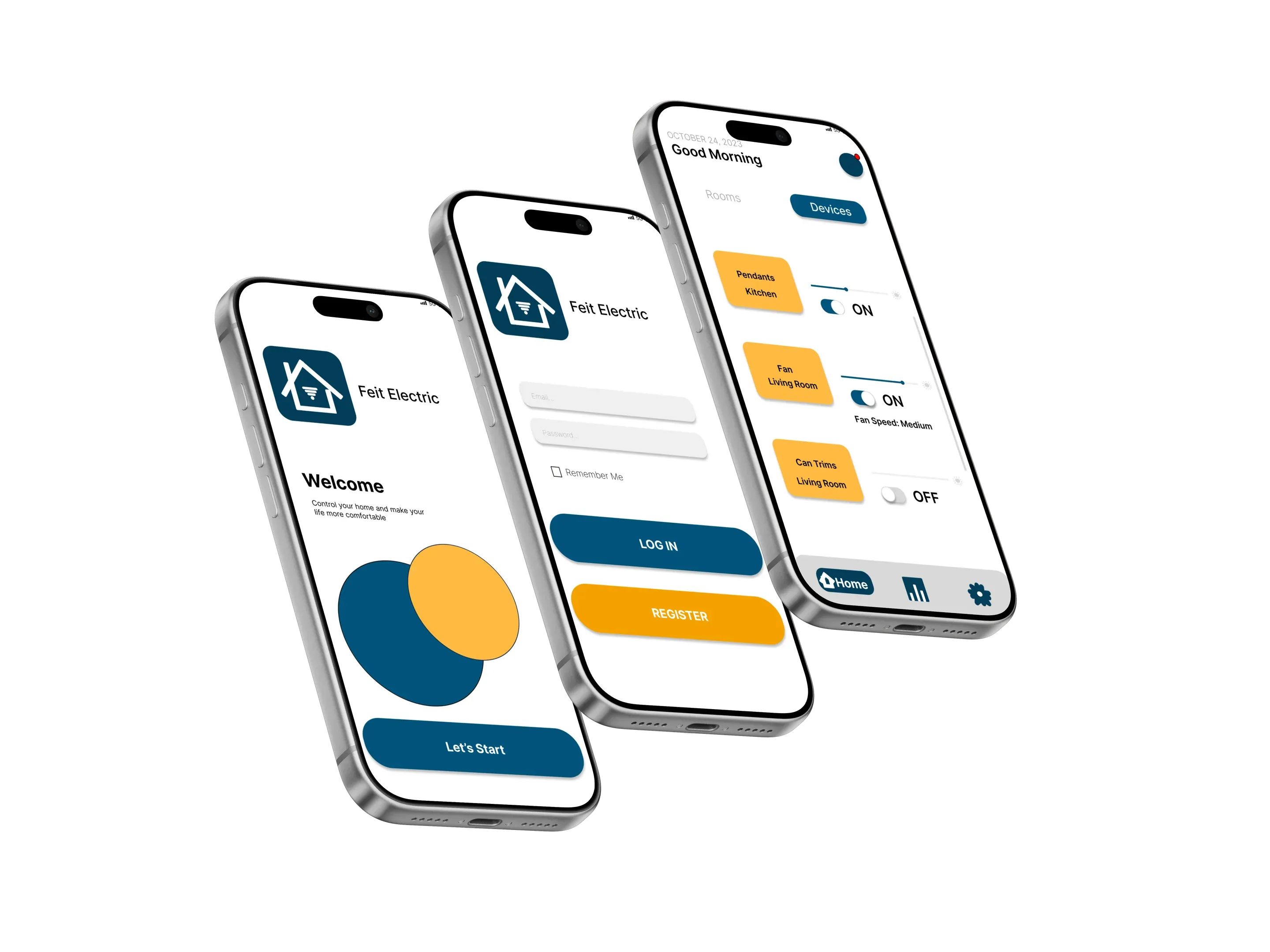 Three phone screens from the Feit Electric concept, showing the welcome screen and the room dashboard in navy and amber.
