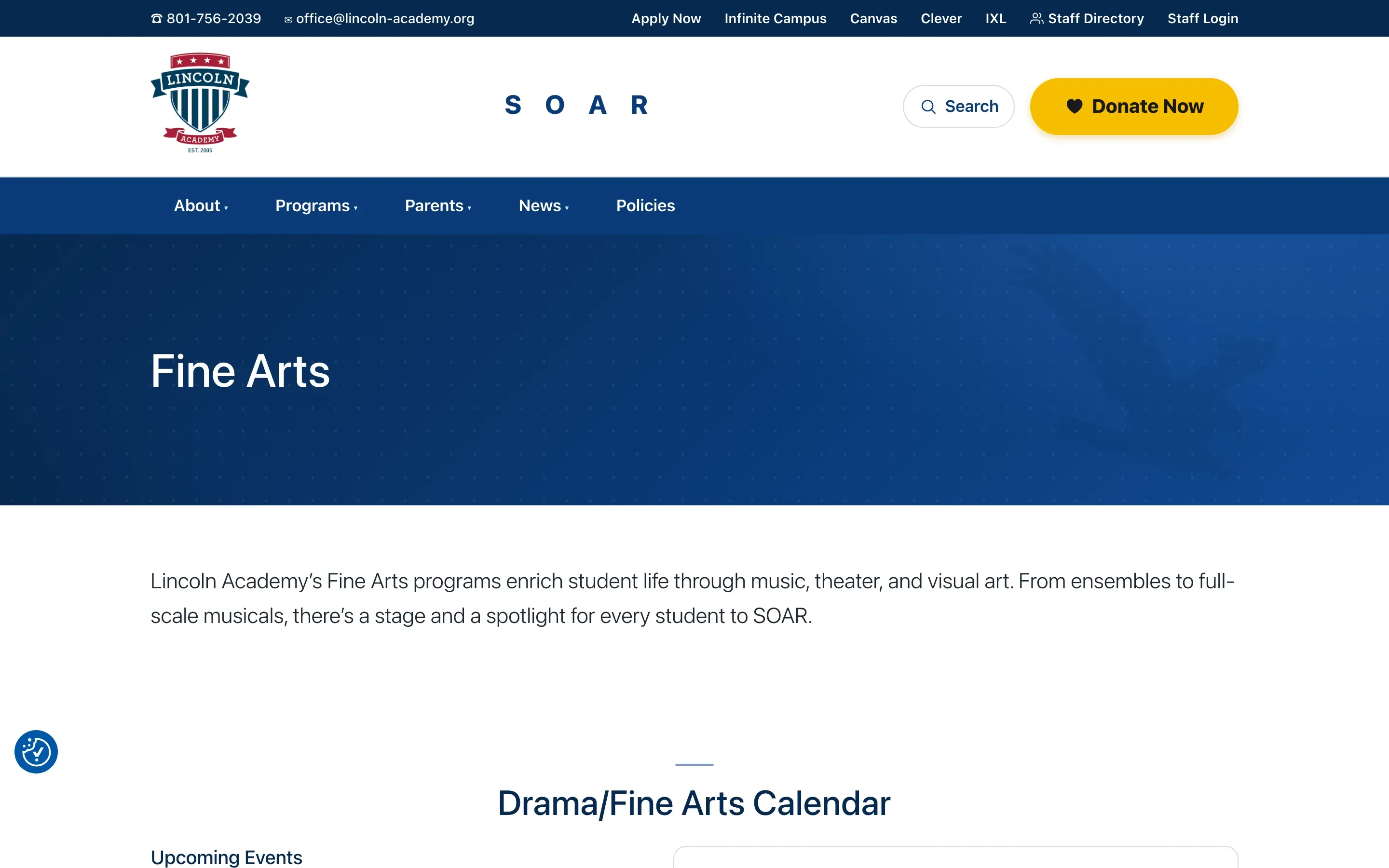The new Fine Arts page — an intro to music, theater and visual art, and a Drama/Fine Arts Calendar with upcoming events.