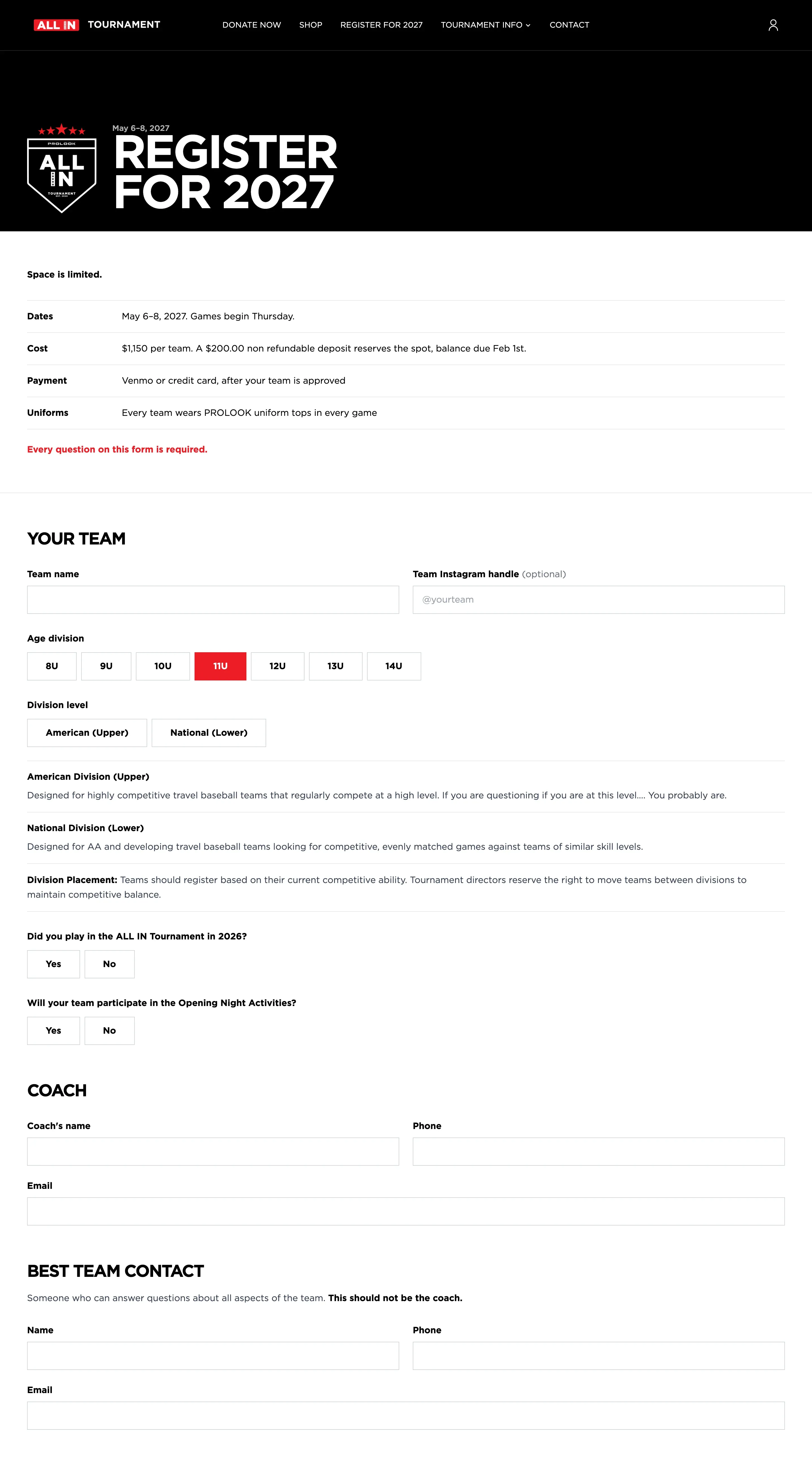 The form showing the American and National division choice for 11U.