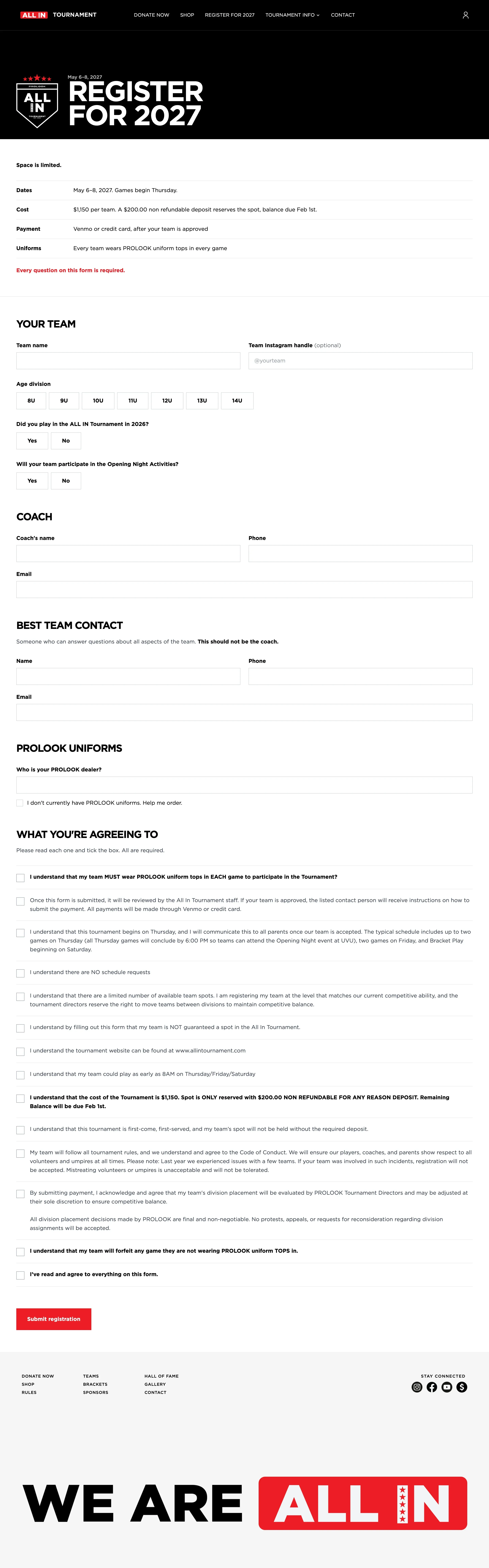 The 2027 registration form, with the team, coach and contact questions and the list of agreements.