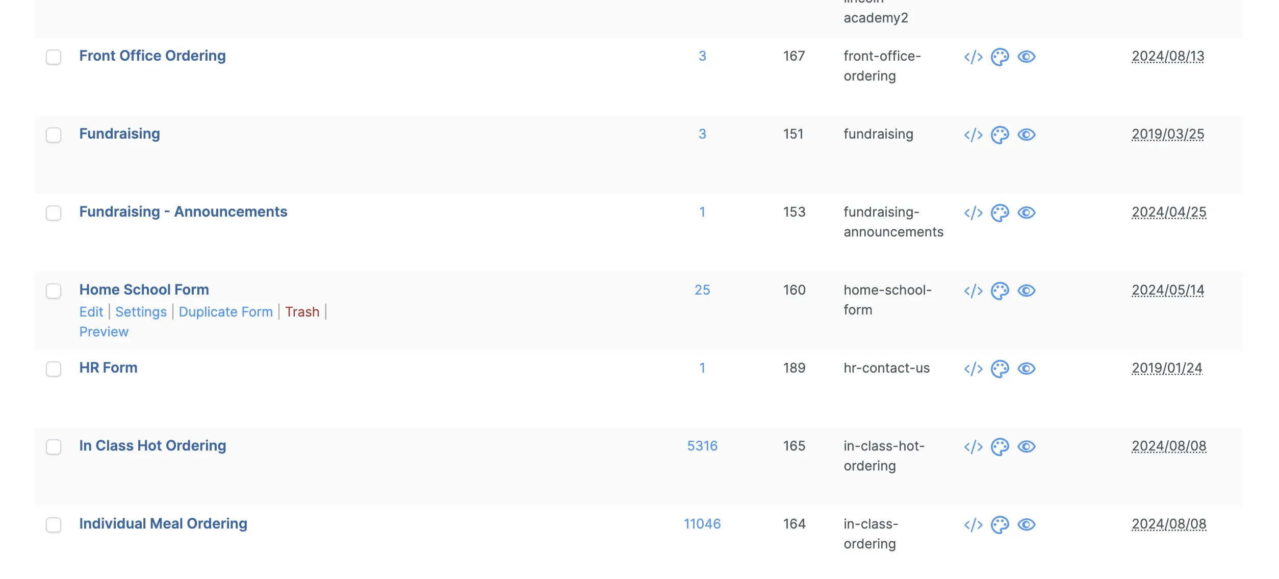 The Formidable forms list in WordPress — Front Office Ordering, Fundraising, Home School Form, HR Form, In Class Hot Ordering with 5316 entries and Individual Meal Ordering with 11046 entries.