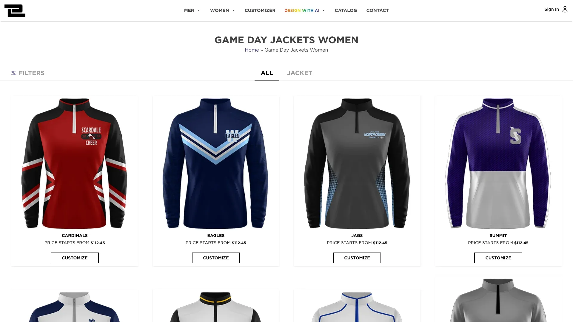 A product grid of women's game day jackets.