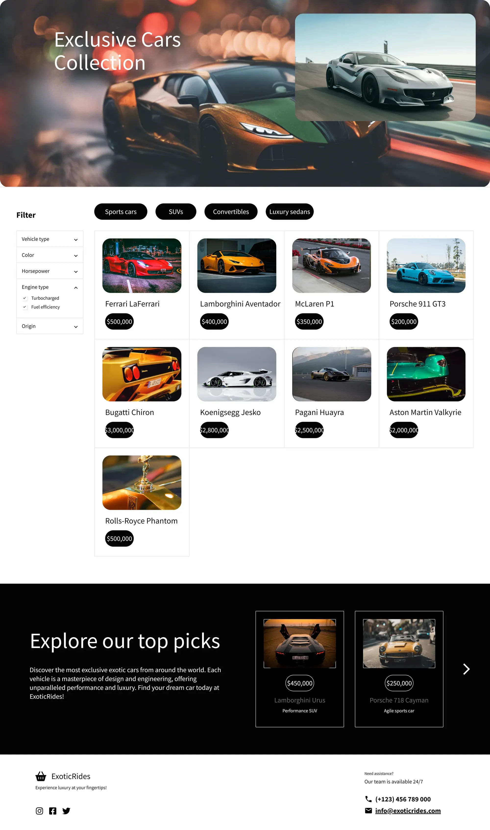 The full collection page: an "Exclusive Cars Collection" header, category buttons, a filter panel for vehicle type, color, horsepower, engine type and origin, a grid of nine cars with prices, a "top picks" carousel and the footer.