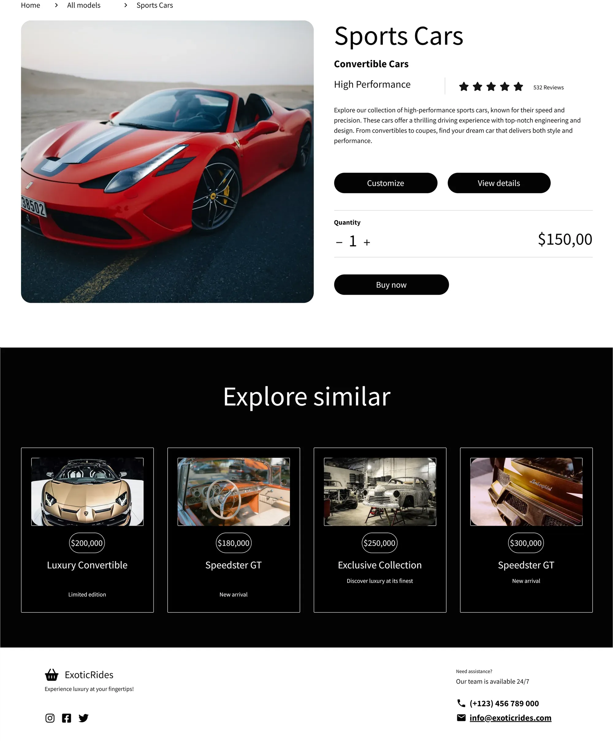 A model page for a red convertible: photo, rating, description, Customize and View details buttons, quantity and price, Buy now, then an "Explore similar" row of four cars.