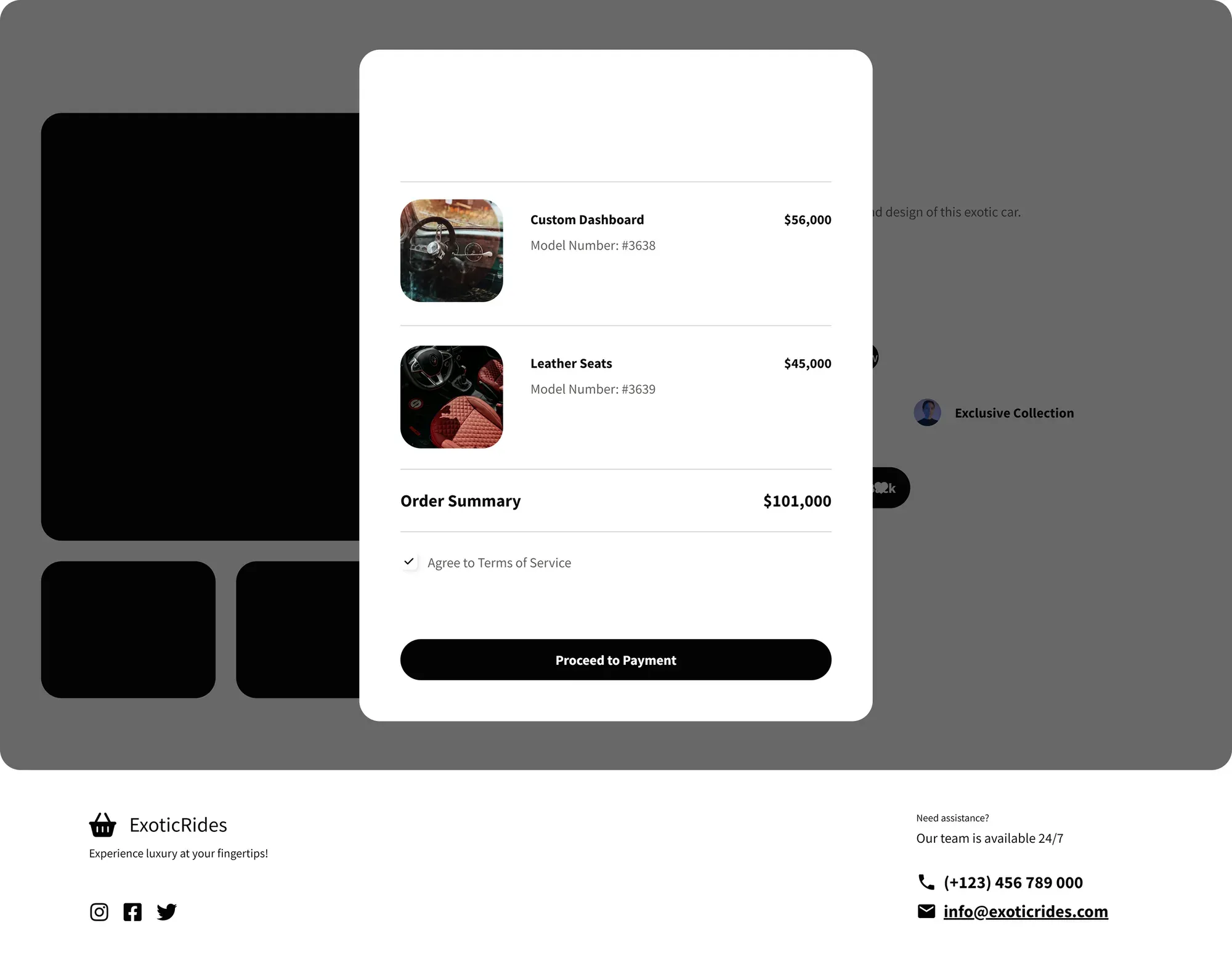An order summary dialog over a model page, listing a custom dashboard and leather seats with prices, the total, a terms checkbox and Proceed to Payment.