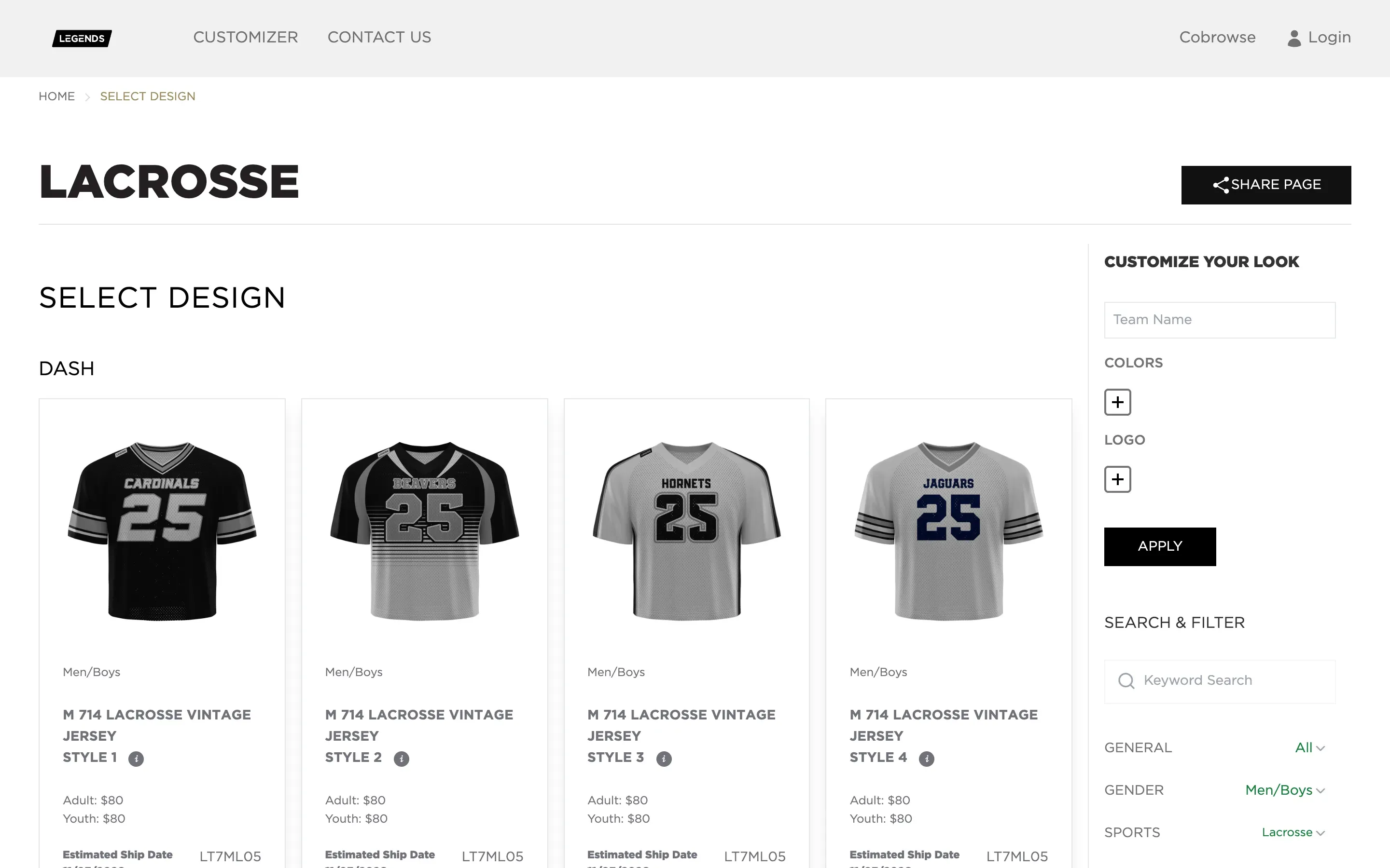 PROLOOK's customizer at legends.qstrike.com showing Lacrosse designs, with Men/Boys and Lacrosse already set in the filters.