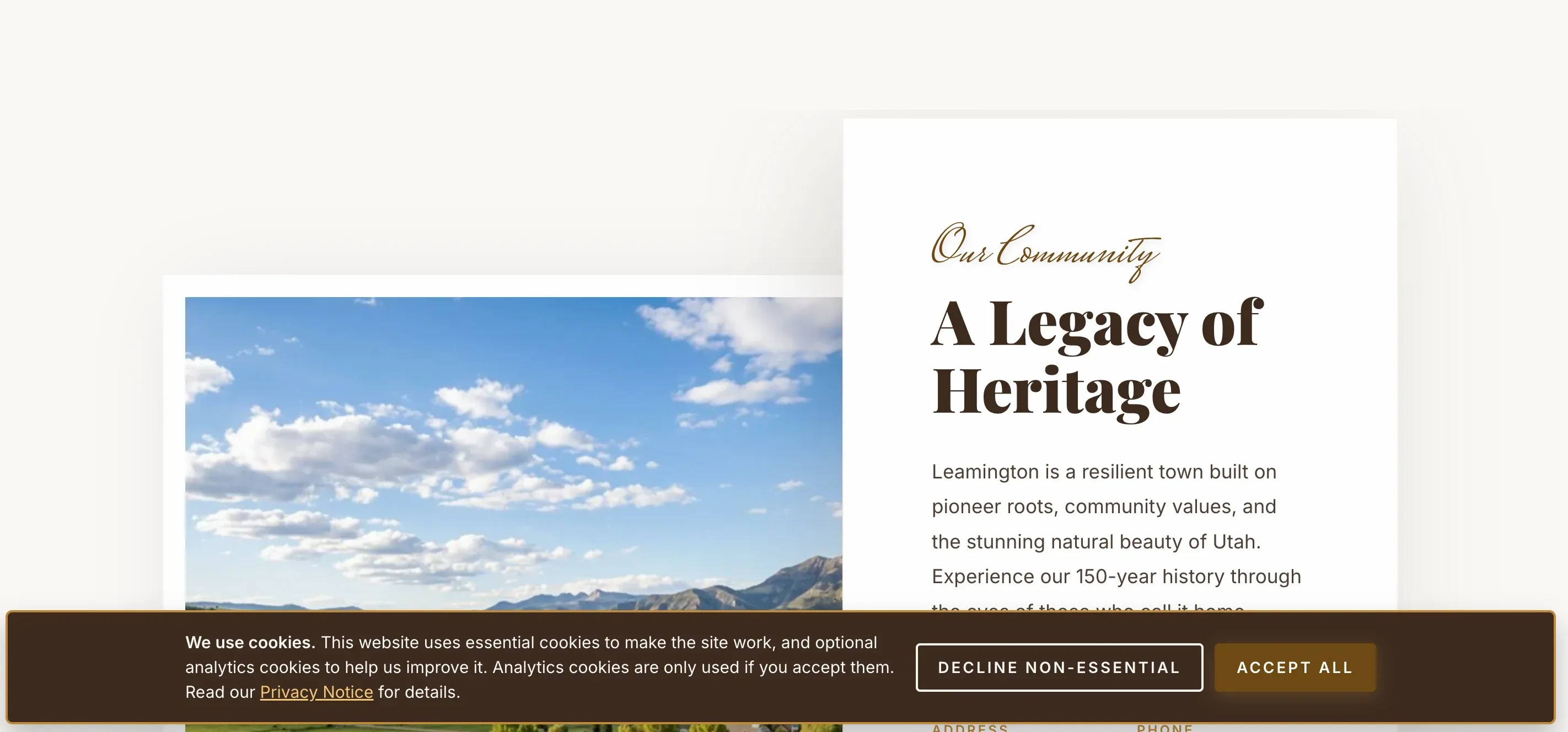 The "Our Community / A Legacy of Heritage" card beside a photo of a valley under a blue sky, with the cookie banner across the bottom: "We use cookies", a link to the Privacy Notice, and two buttons, Decline non-essential and Accept all.