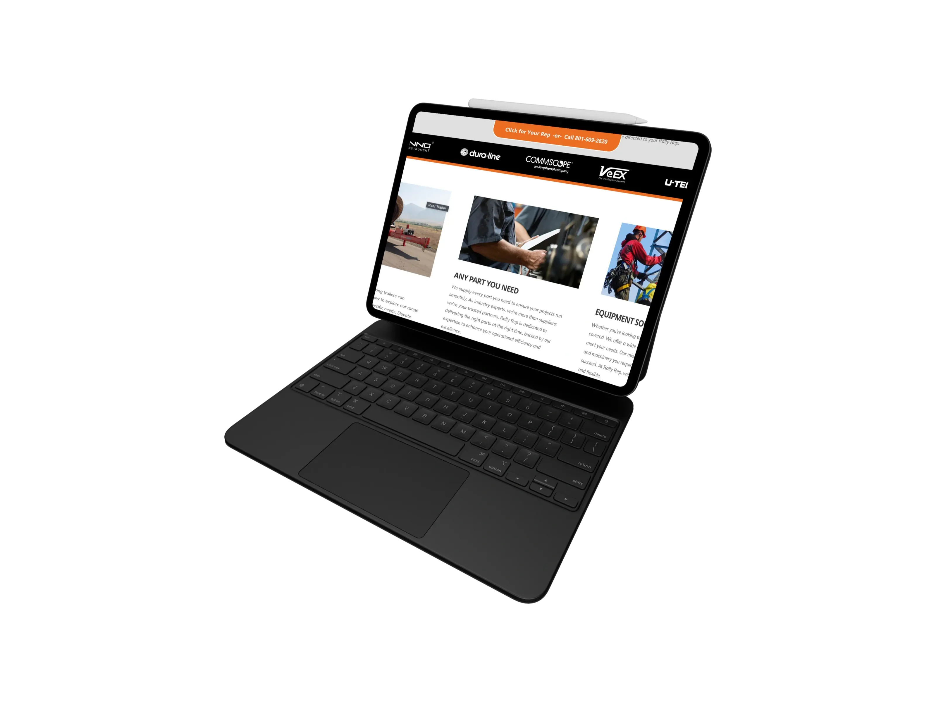 An iPad on a keyboard case with a pencil resting on top, angled to the right, showing rallyrep.com — the orange "Click for Your Rep" call bar, a strip of partner logos including Dura-Line, CommScope and VeEX, and the "Any Part You Need" section with photos of a technician and a tower climber.