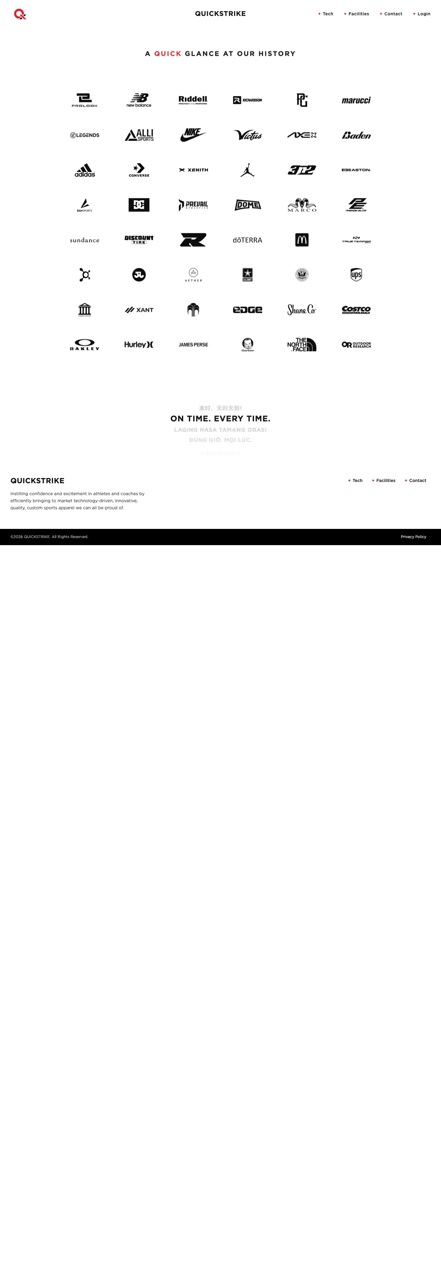 The QuickStrike History page, "A Quick Glance at Our History", with a grid of partner brand logos.