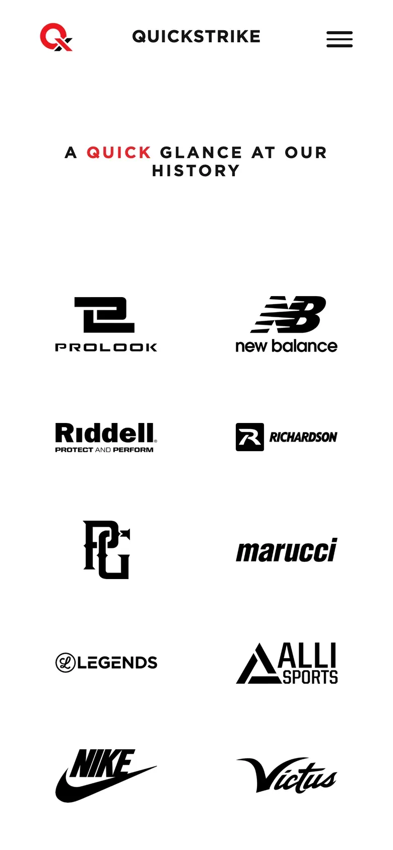 The QuickStrike History page, "A Quick Glance at Our History", with a grid of partner brand logos.
