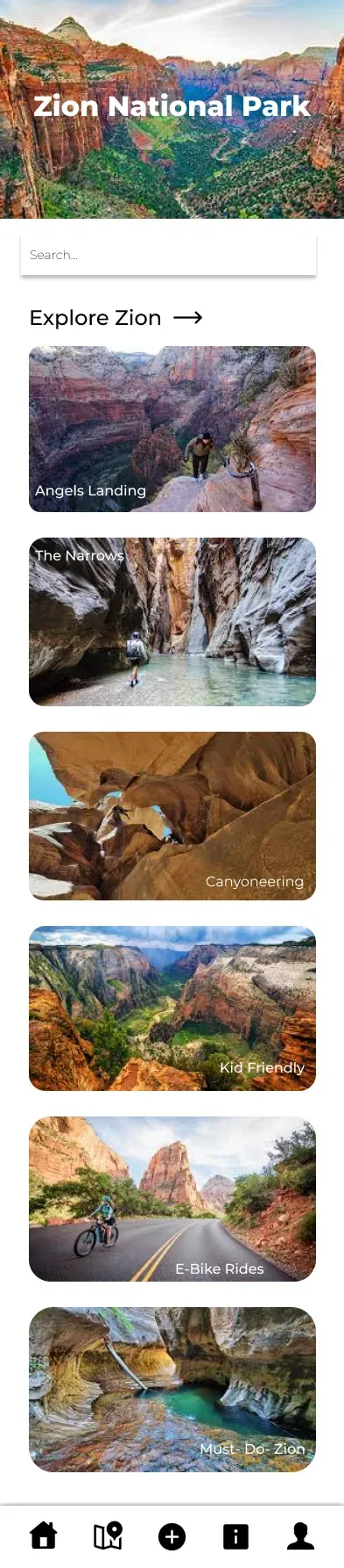 The explore feed, listing Zion trails with photographs.