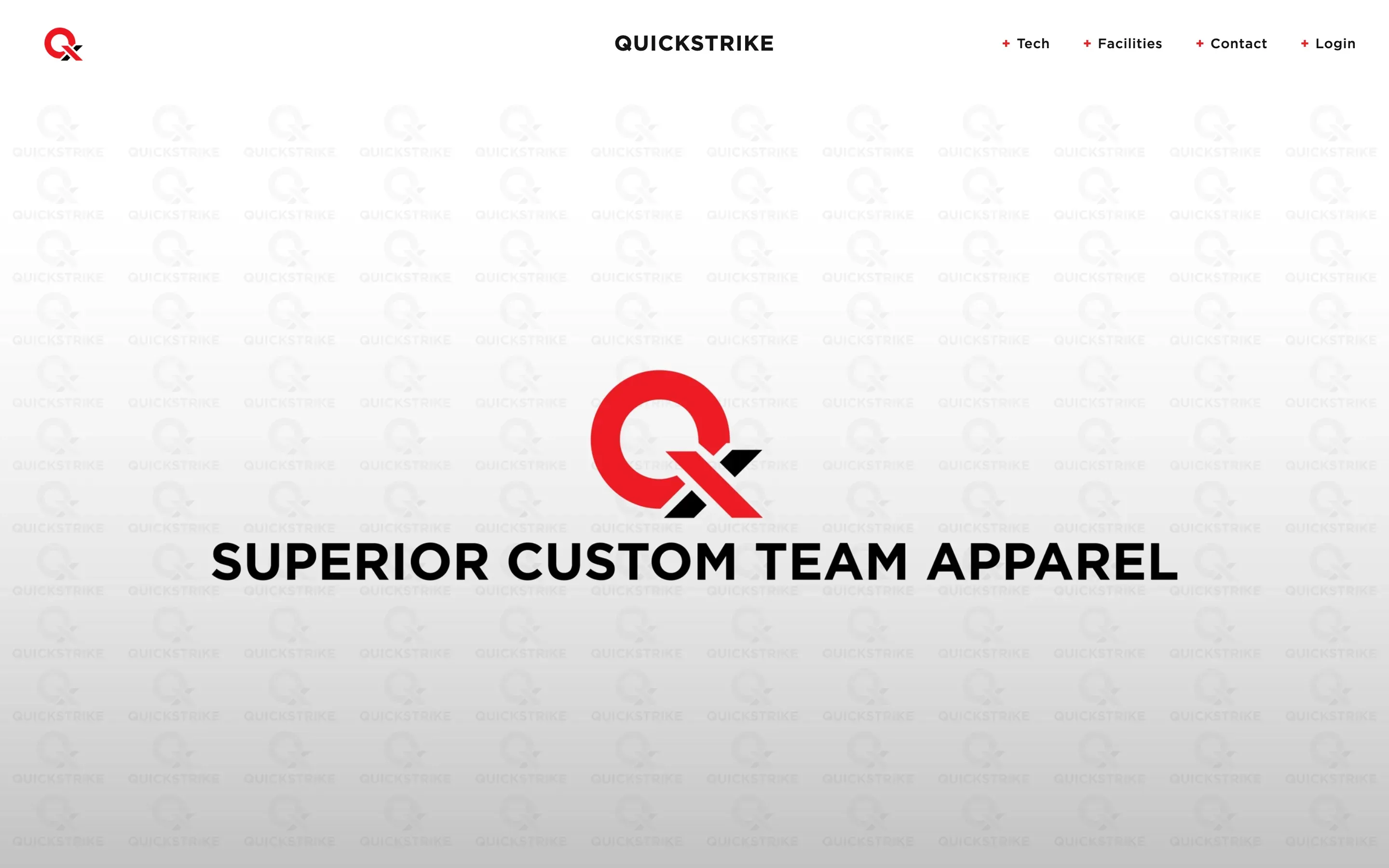 The top of the redesigned QuickStrike home page on desktop, with the QuickStrike mark and "Superior Custom Team Apparel".