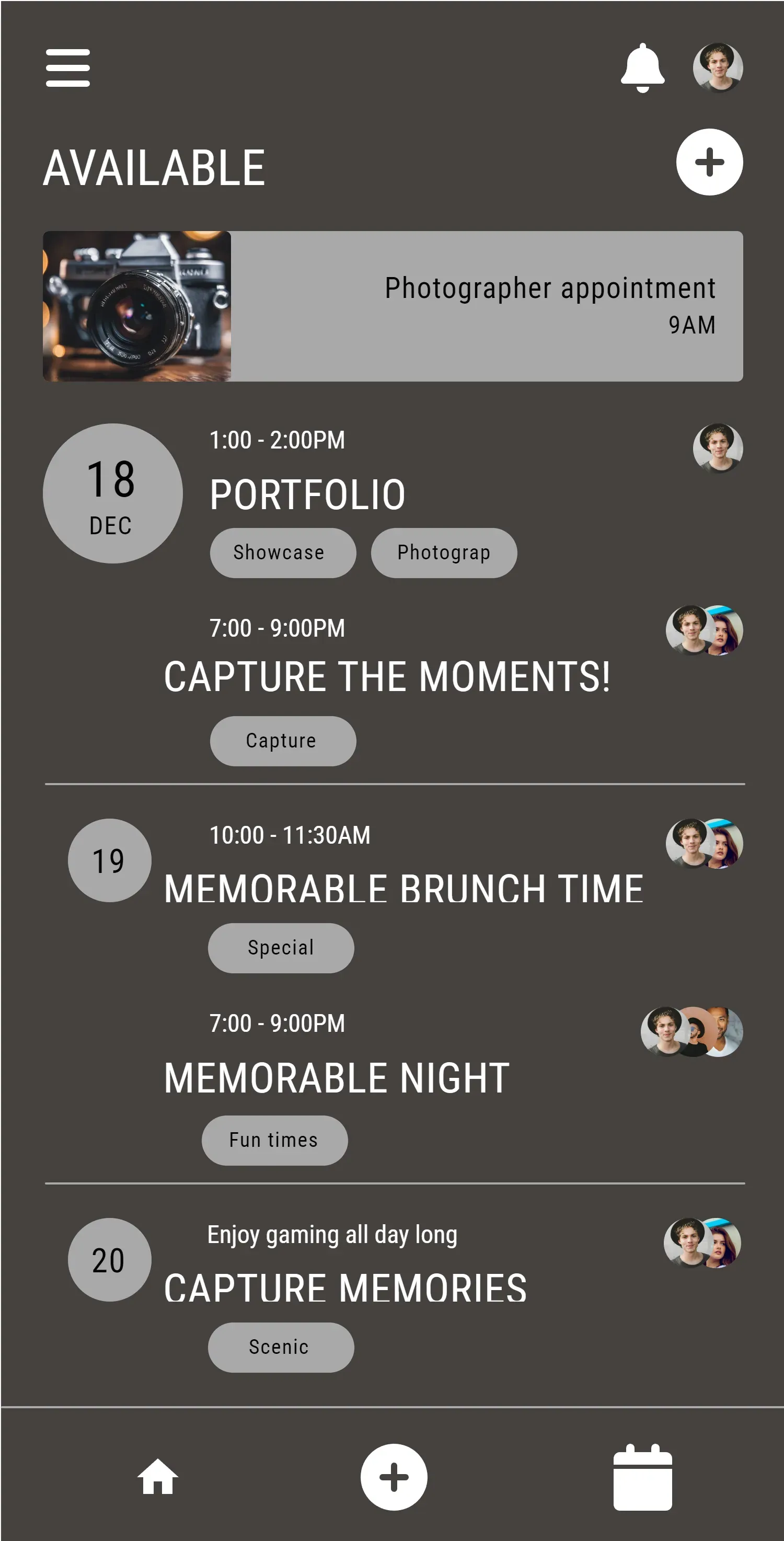 A photographer schedule showing available slots across a day.