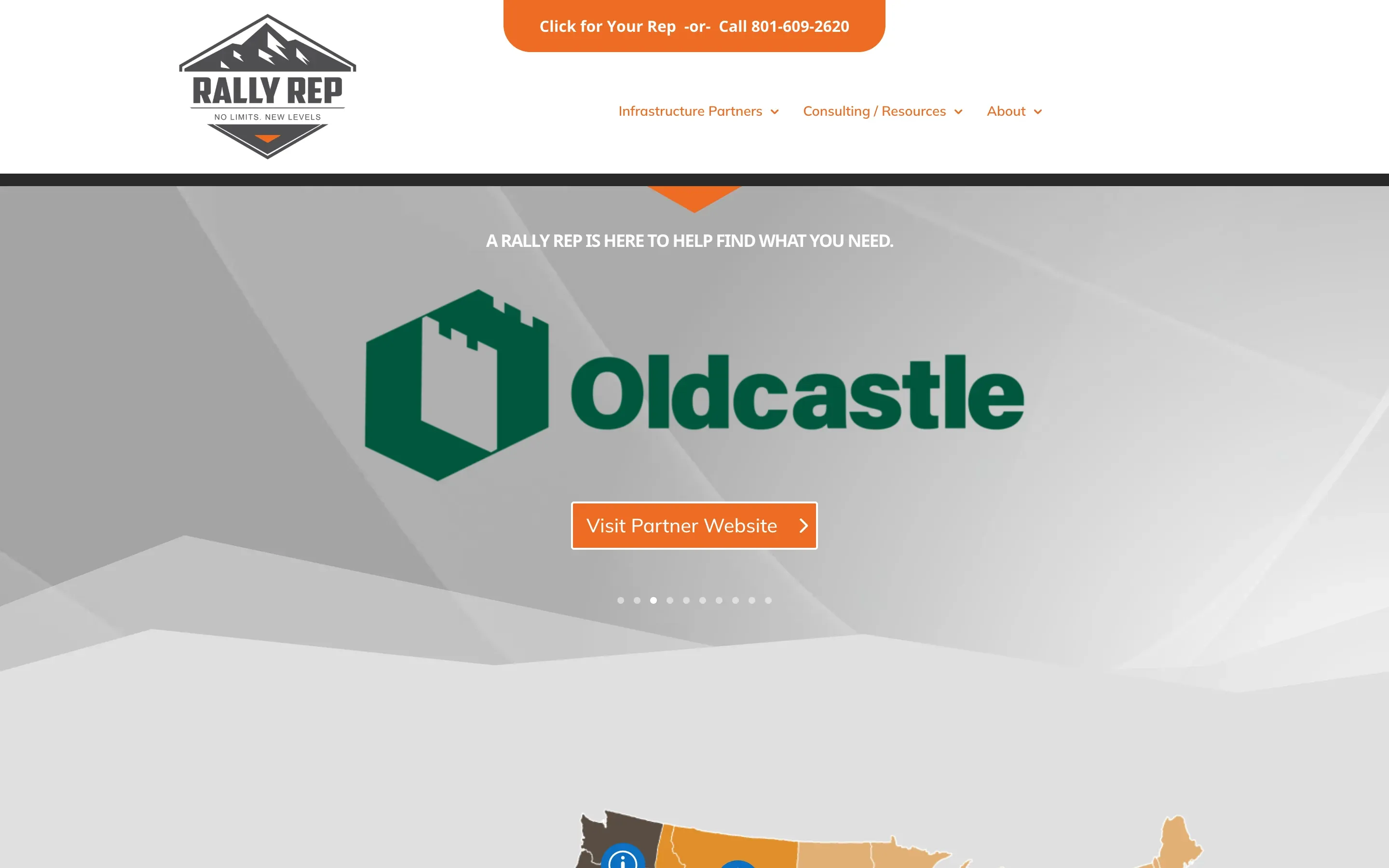 The Rally Rep home page, with the partner slider on the Oldcastle slide and the top of the coverage map.