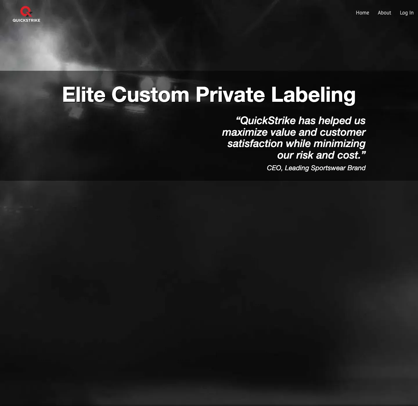 The original QuickStrike homepage, a single dark full-screen parallax panel with the headline "Elite Custom Private Labeling" and a customer quote.