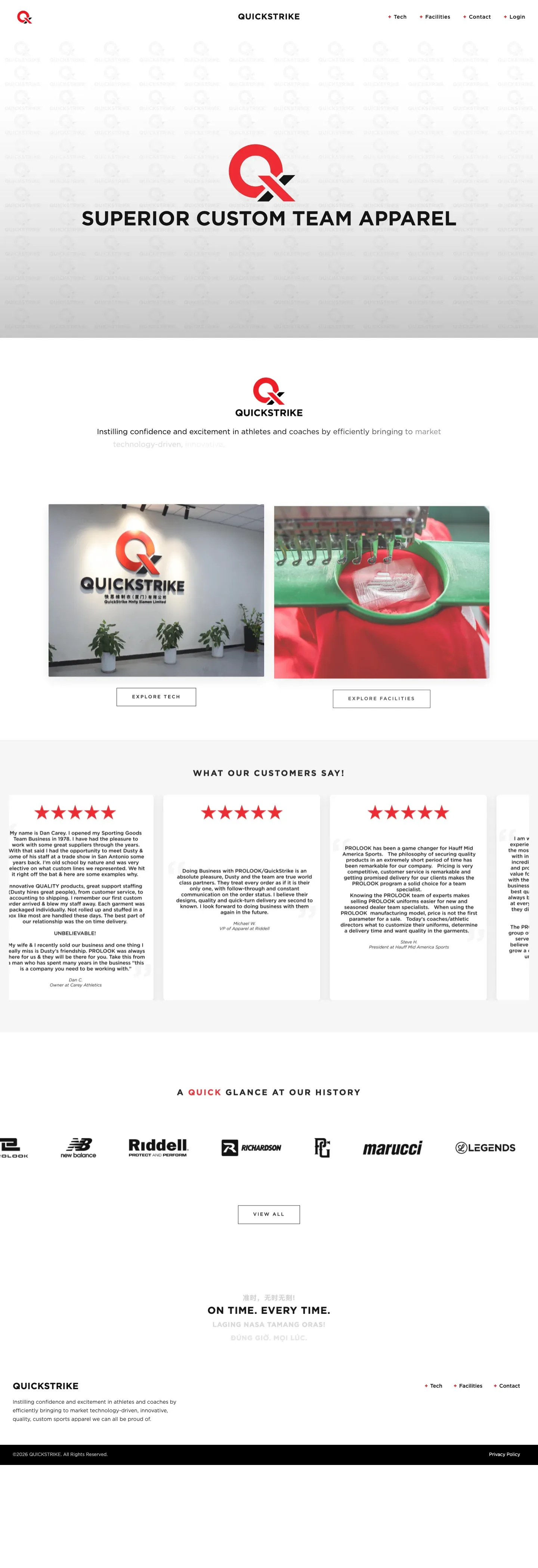 The redesigned QuickStrike homepage, light and scrolling, with the brand mark at the top.