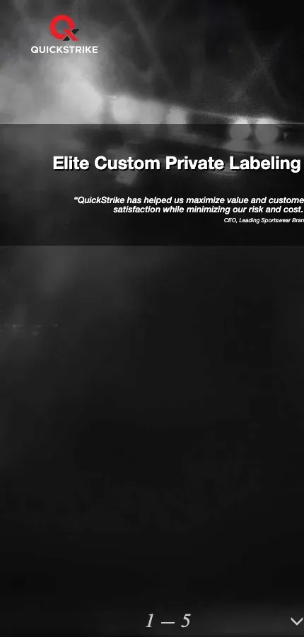 The original QuickStrike homepage, a single dark full-screen parallax panel with the headline "Elite Custom Private Labeling" and a customer quote.