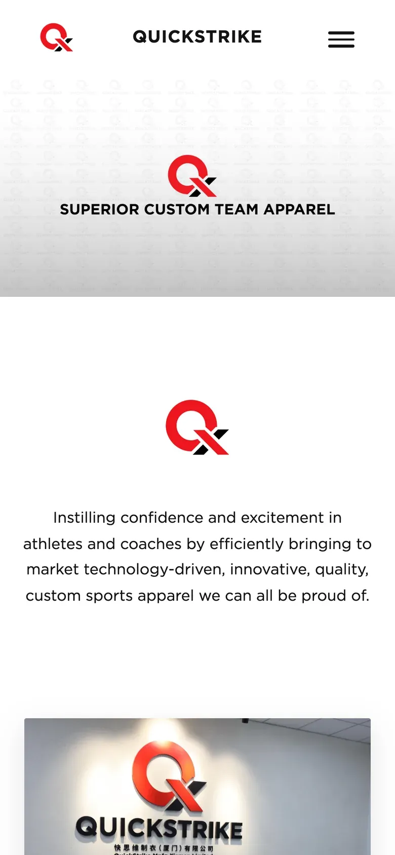 The redesigned QuickStrike homepage, light and scrolling, with the brand mark at the top.