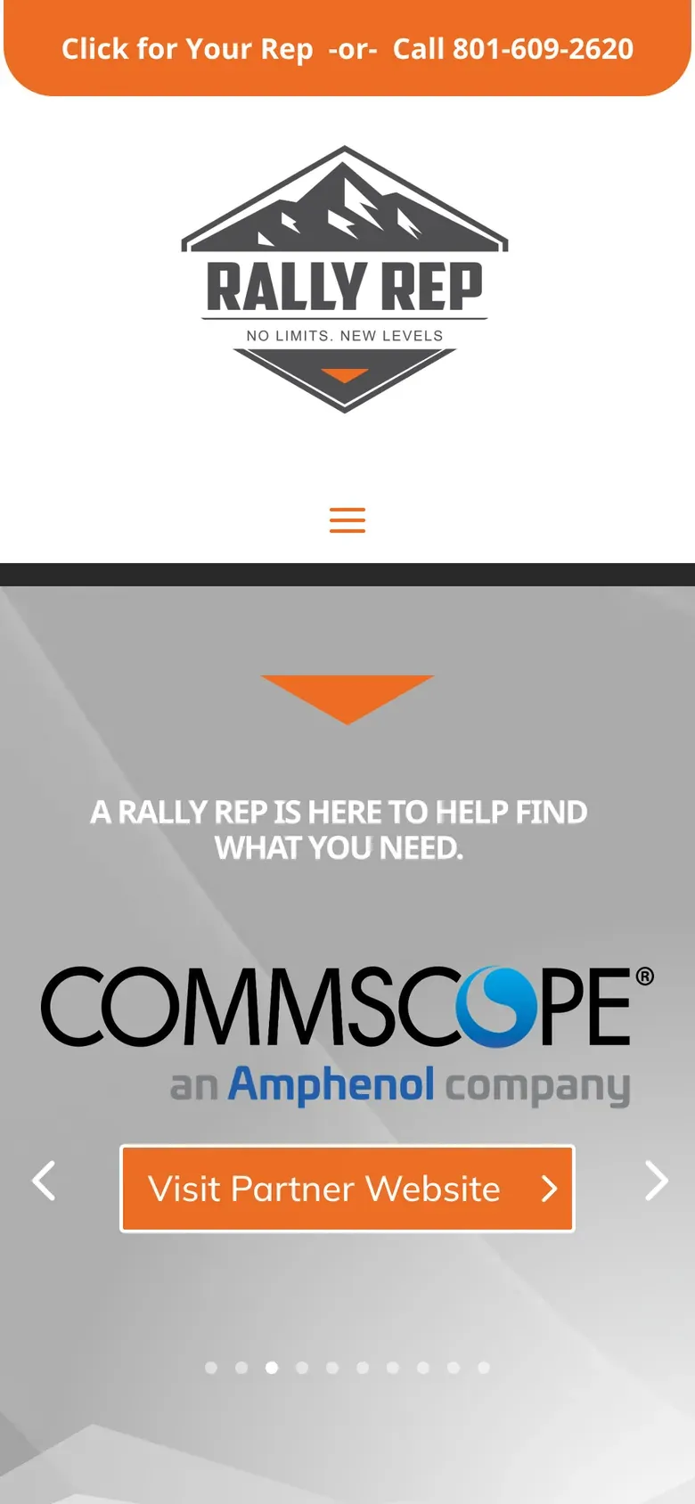 The Rally Rep home page, with the partner slider on the Oldcastle slide and the top of the coverage map.