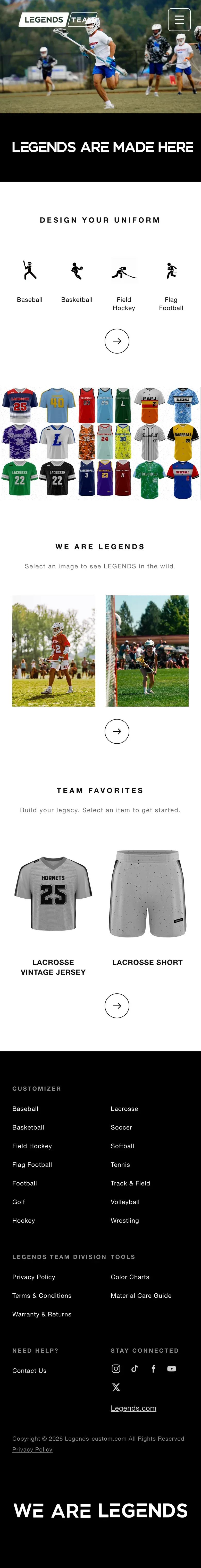Further down on a phone — the We Are Legends wall showing two photos and Team Favorites showing two products, each with an arrow button.