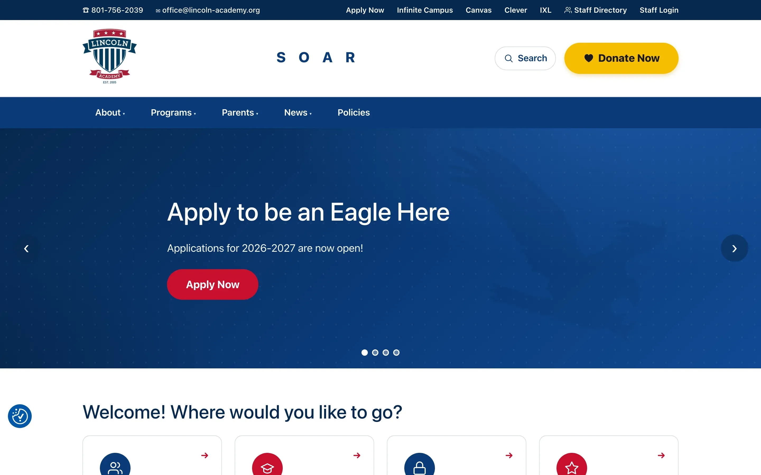 The new home page — the most-used links along the top, search and Donate Now in the header, and the "Apply to be an Eagle Here" slider.