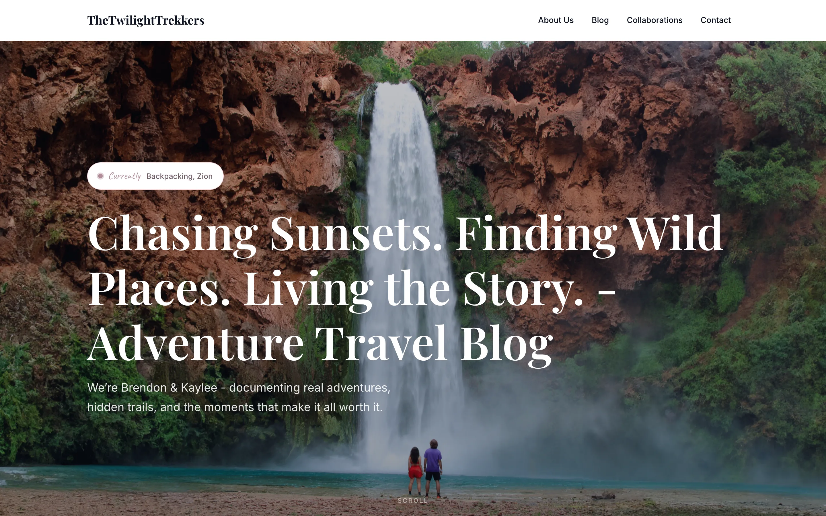 The top of thetwilighttrekkers.com: two people at the foot of a waterfall under the headline "Chasing Sunsets. Finding Wild Places. Living the Story."