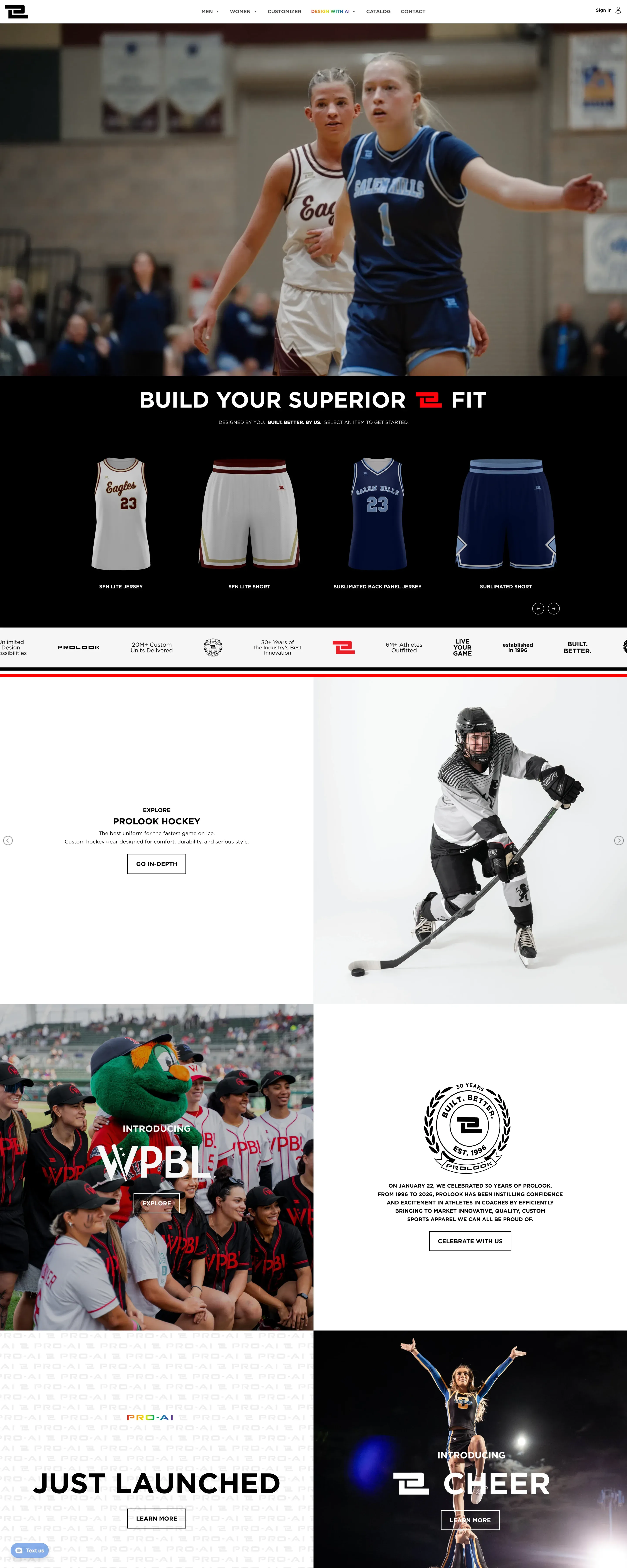 The PROLOOK home page from the top — a basketball hero, the Build Your Superior Fit product slider, a row of brand logos, ProLook Hockey, WPBL, the 30-years badge, PRO-AI Just Launched and ProLook Cheer.