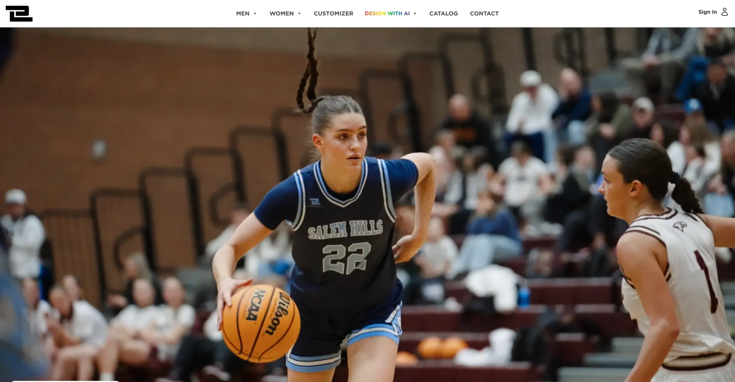 The home page hero, a Salem Hills player in a blue number 22 jersey driving with the ball.