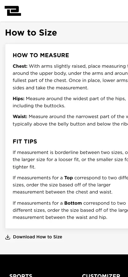 The How to Size page on a phone.
