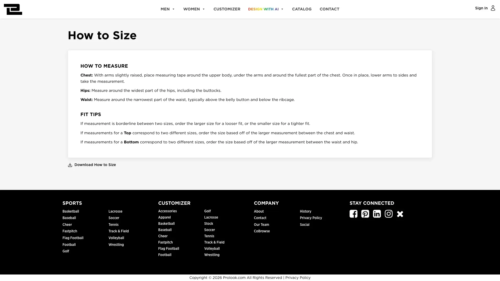 The How to Size page, with how to measure, fit tips and a download link, above the footer.