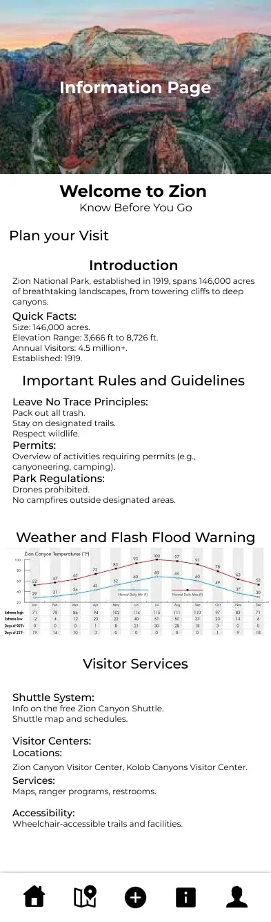 The park information page covering rules, weather and flash-flood warning, and visitor services.