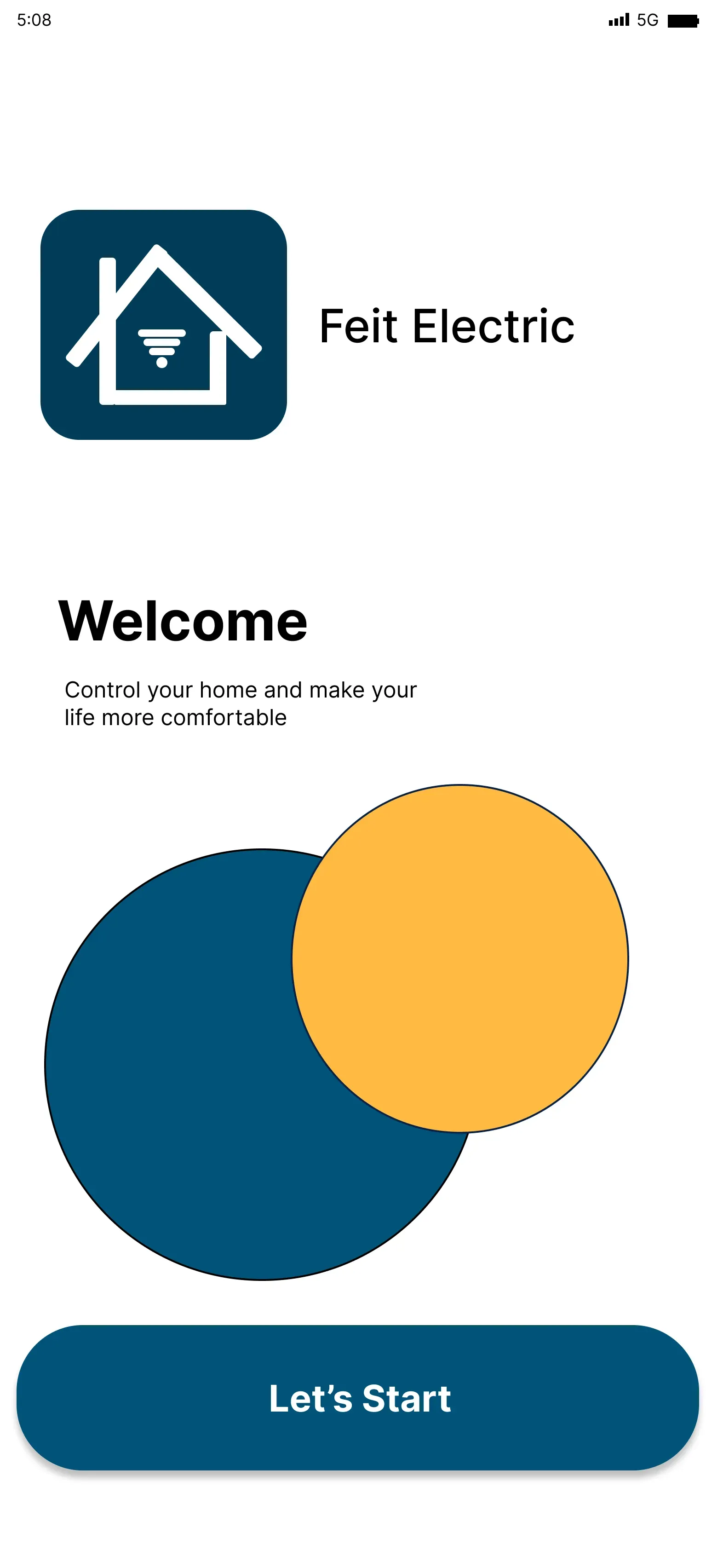 The welcome screen, with the brand mark and a start button.