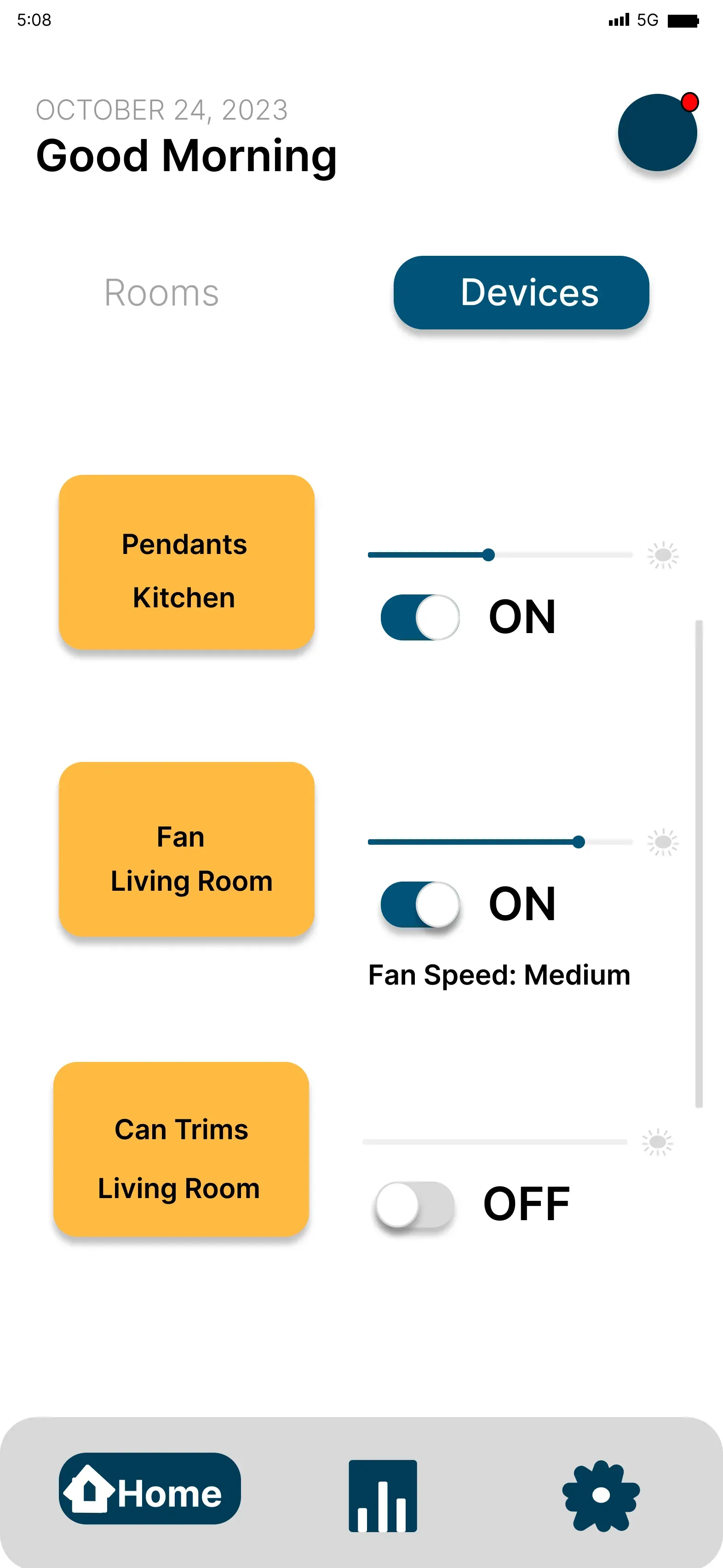 The living room detail, with ceiling fan speed, color swatches and back light controls.