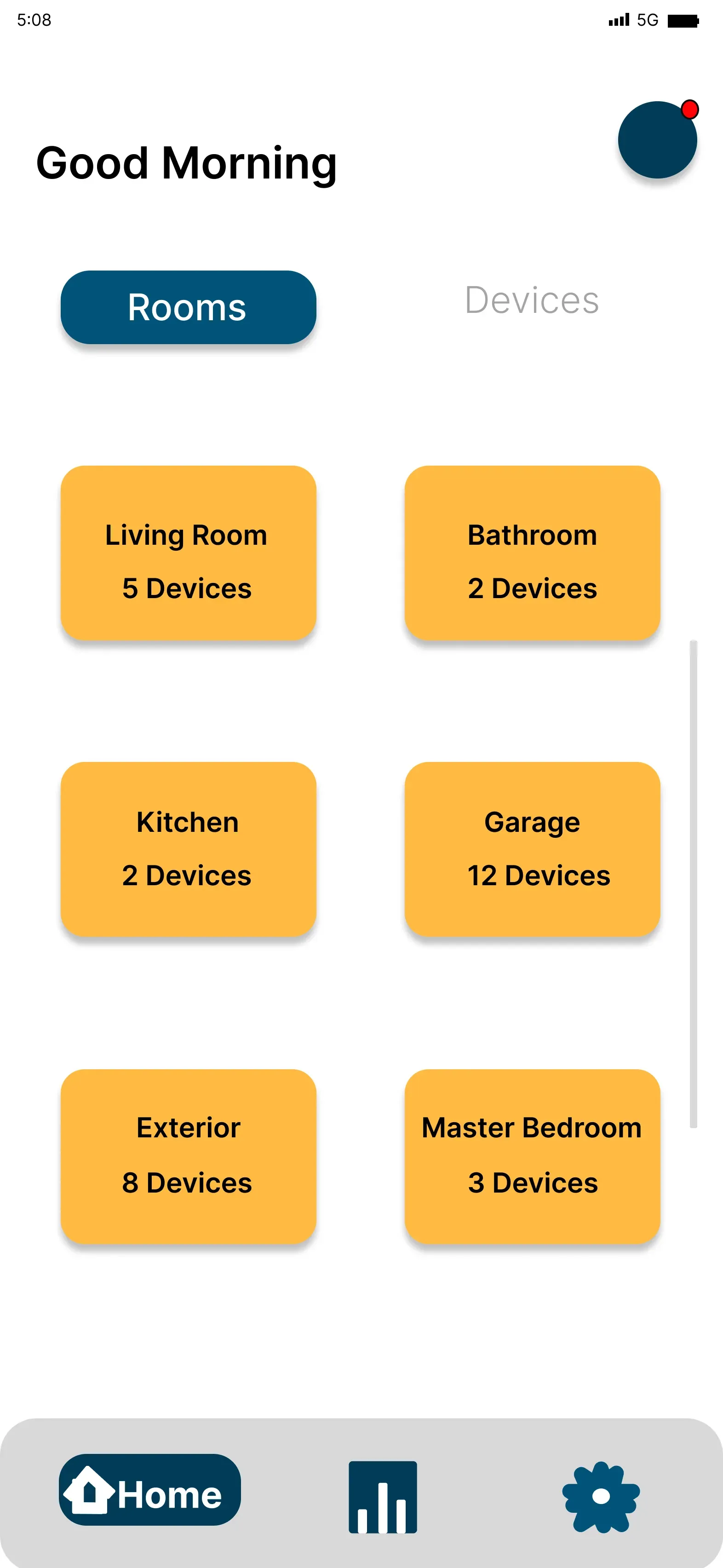 The room dashboard listing kitchen, living room, garage and bedrooms with device counts.