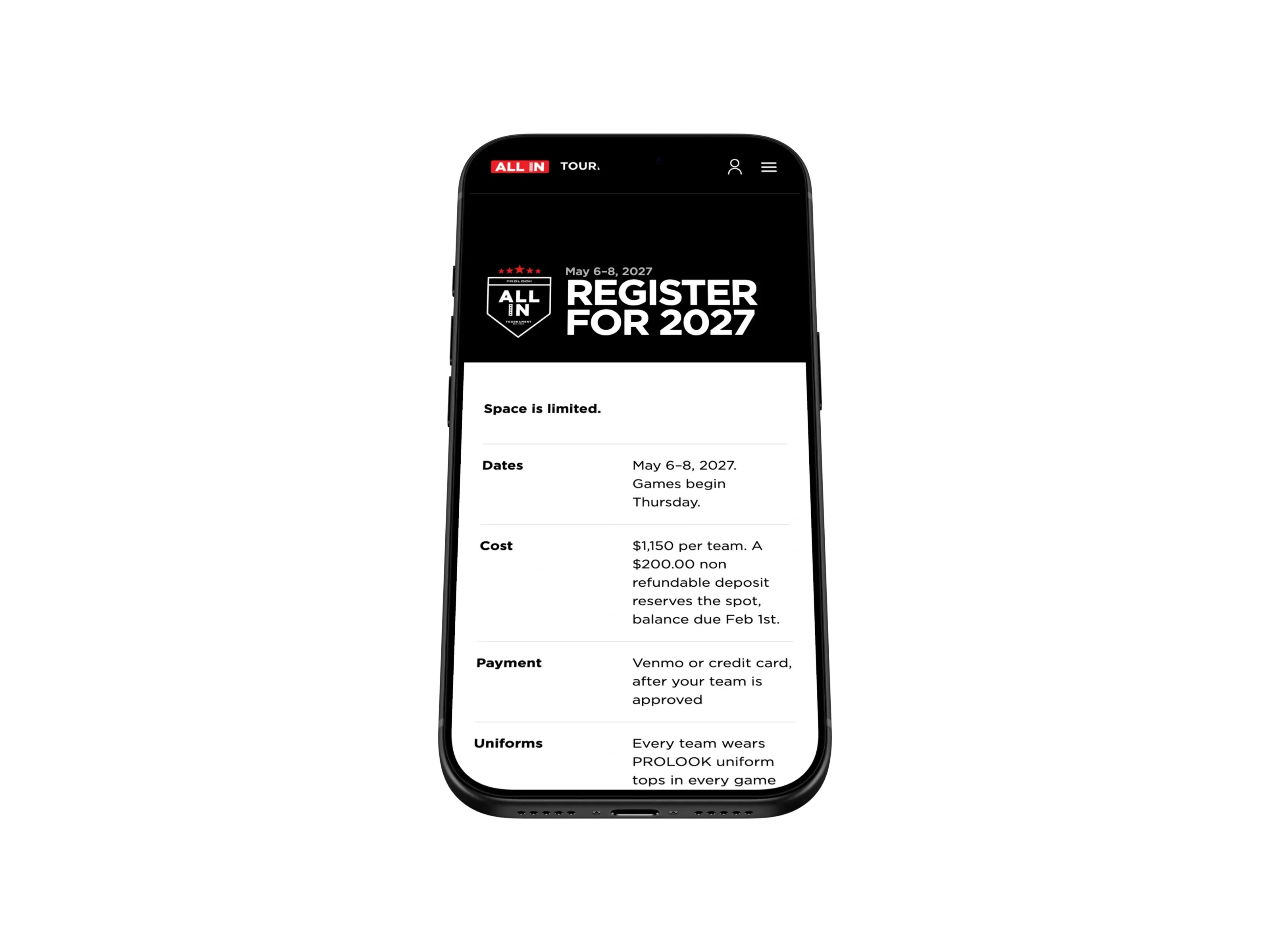 A black iPhone 18 Pro, angled, showing the Register for 2027 page with the dates, cost, payment and uniforms table.