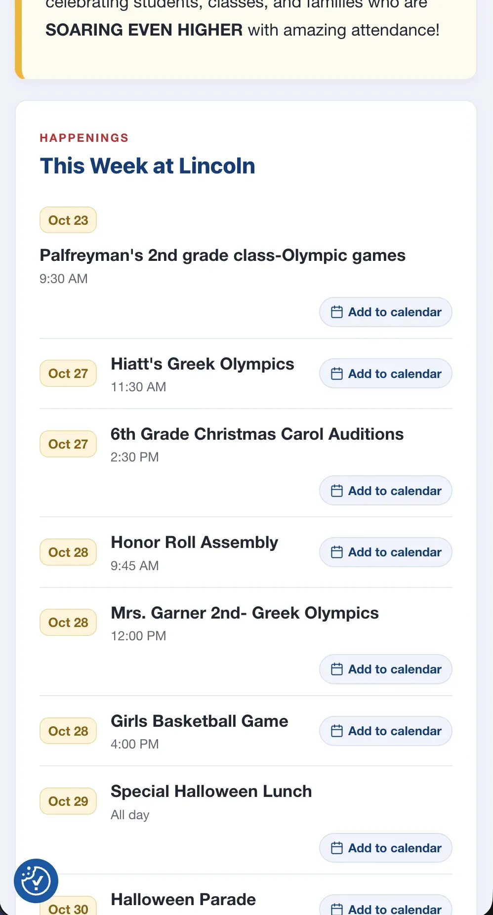 The newsletter's "This Week at Lincoln" list on a phone — each event with its date, time and an Add to calendar button.