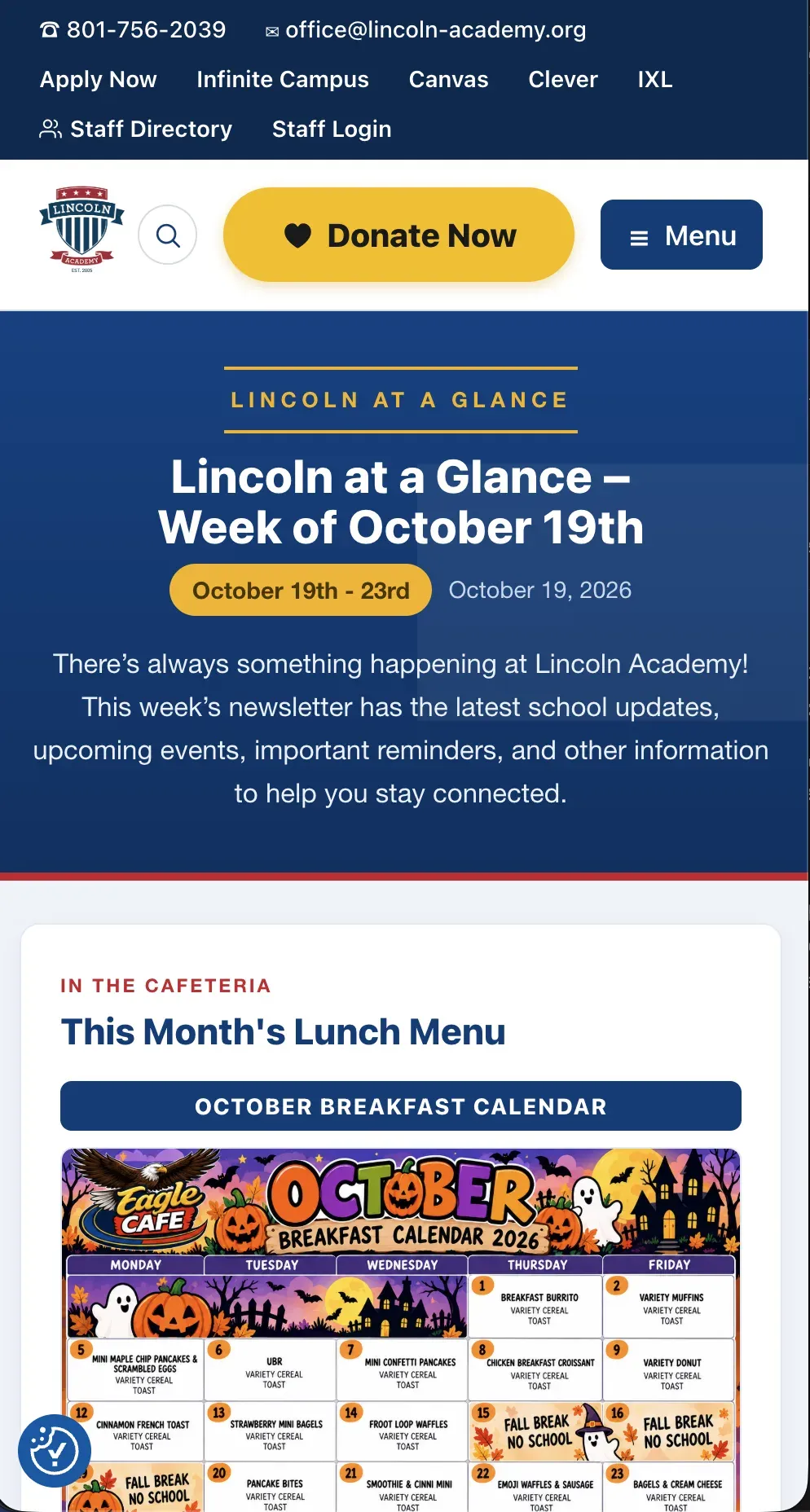 The top of a Monday newsletter on a phone — "Lincoln at a Glance — Week of October 19th", then This Month's Lunch Menu.