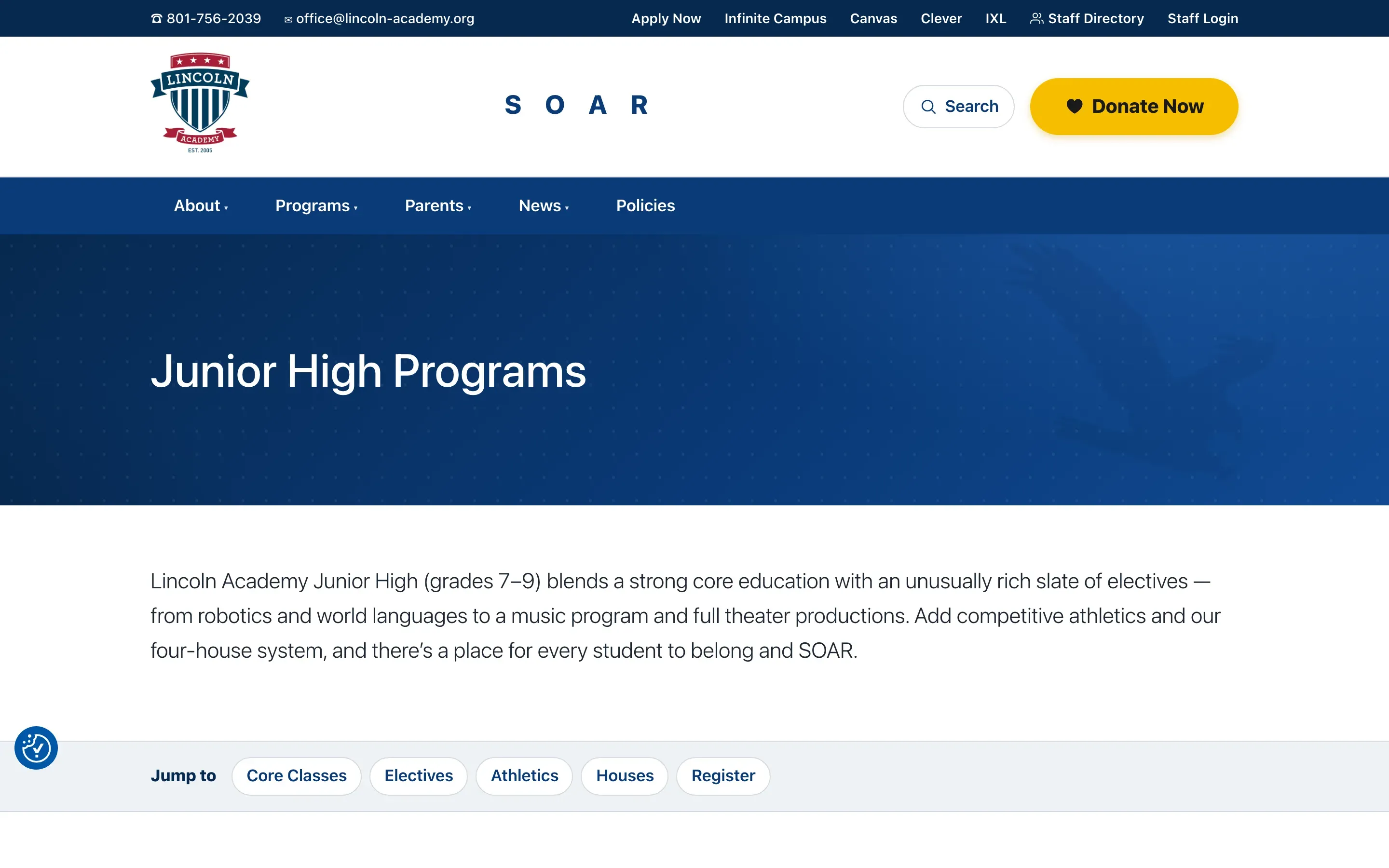The new Junior High Programs page — an intro paragraph and a Jump to row for Core Classes, Electives, Athletics, Houses and Register.