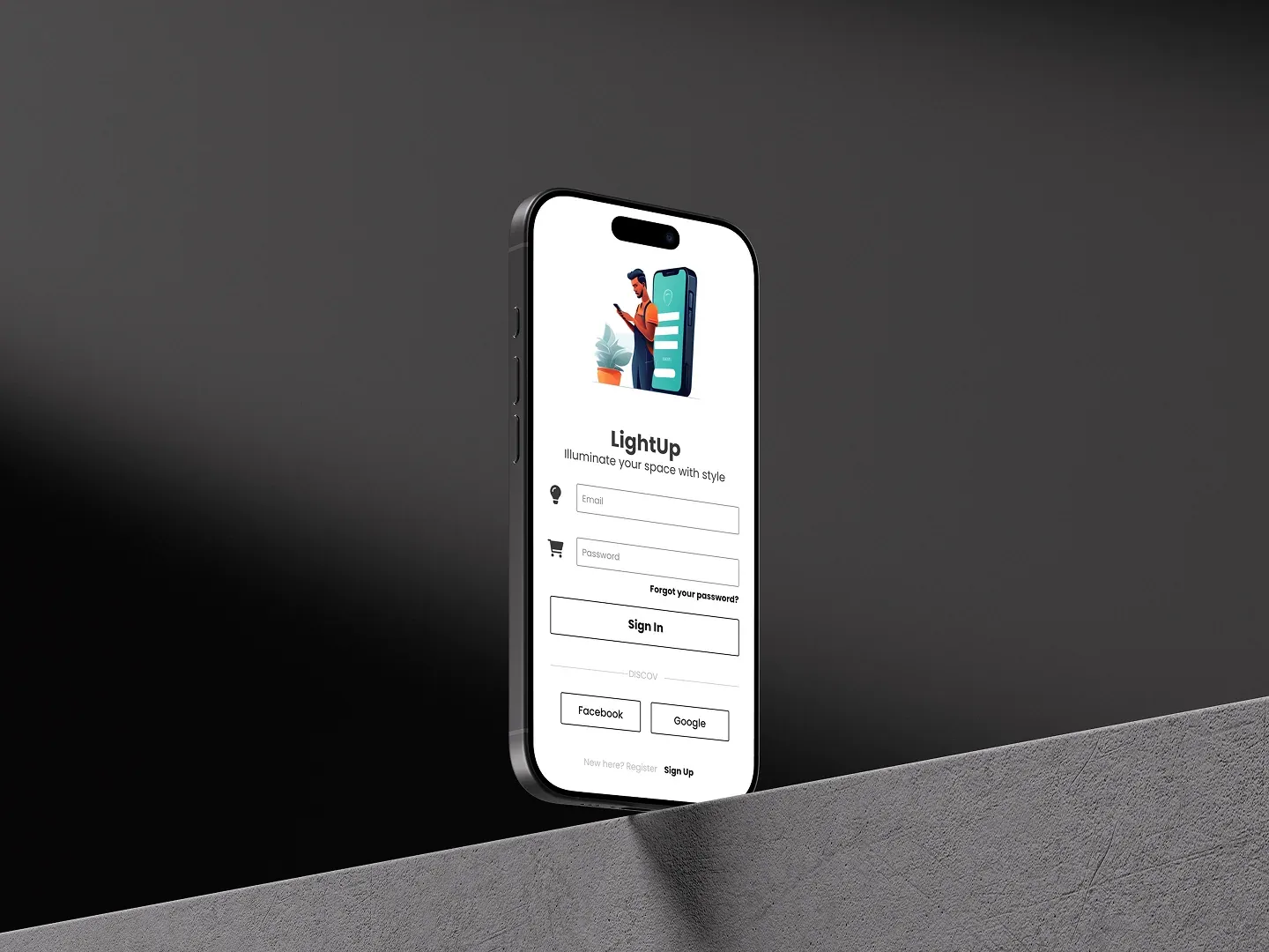 Phone screens from the LightUp concept, showing the product listing and cart.