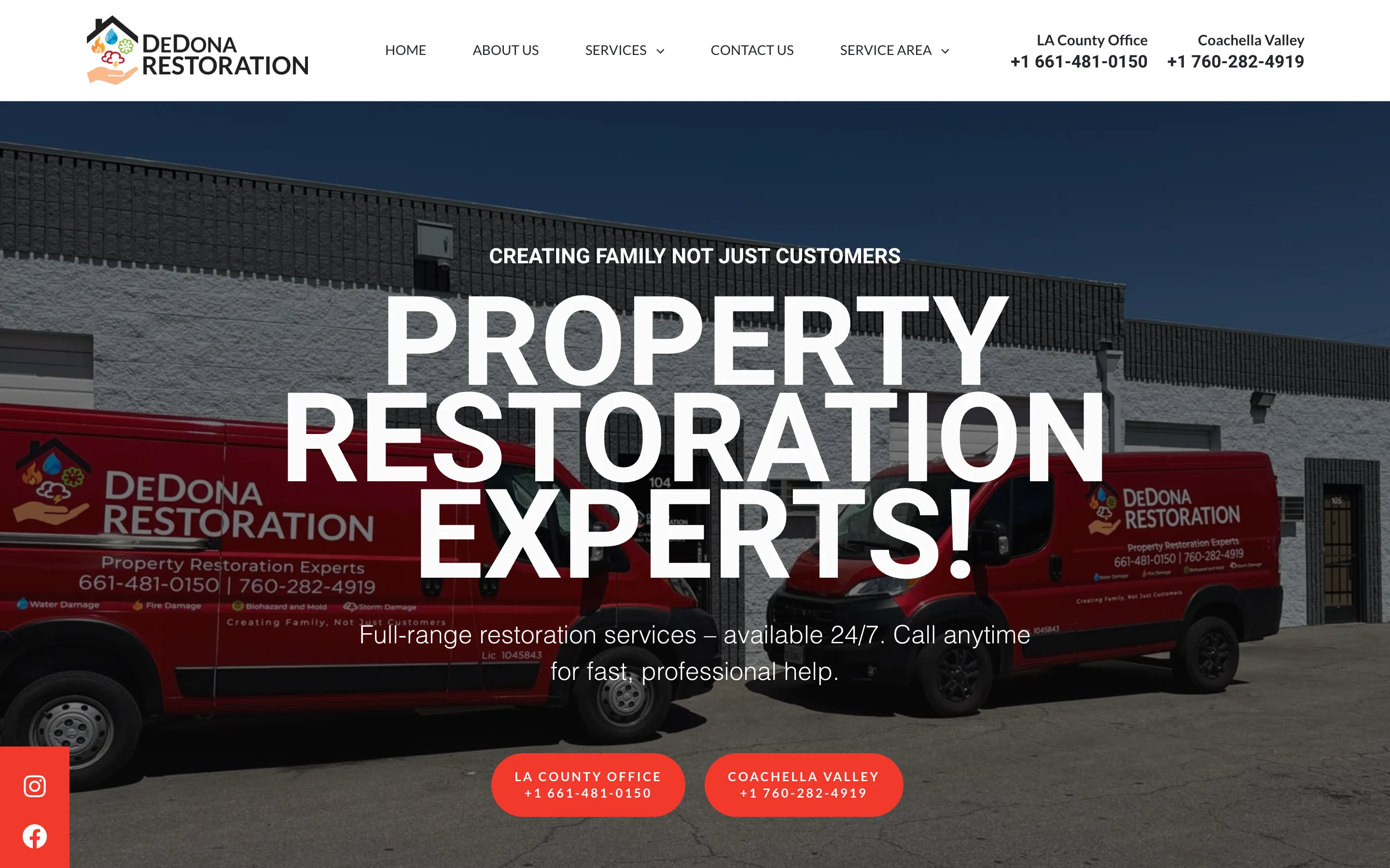 The top of the DeDona Restoration home page on desktop.