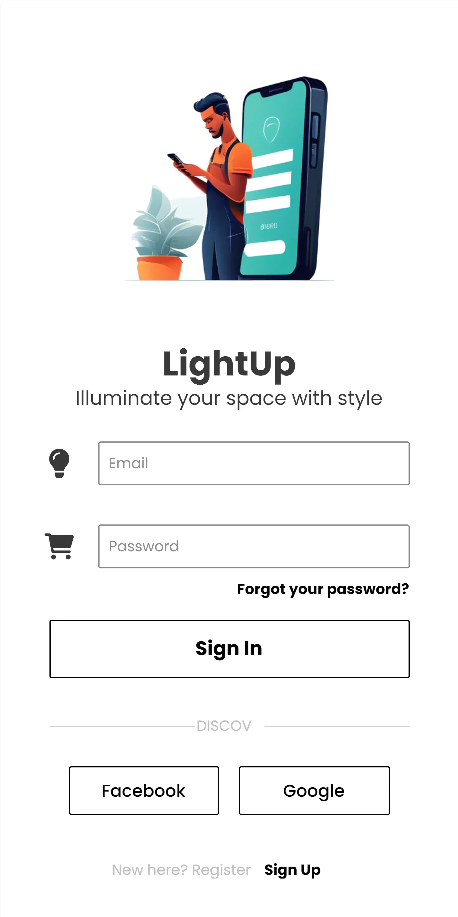 The LightUp sign-in screen with Facebook and Google options.