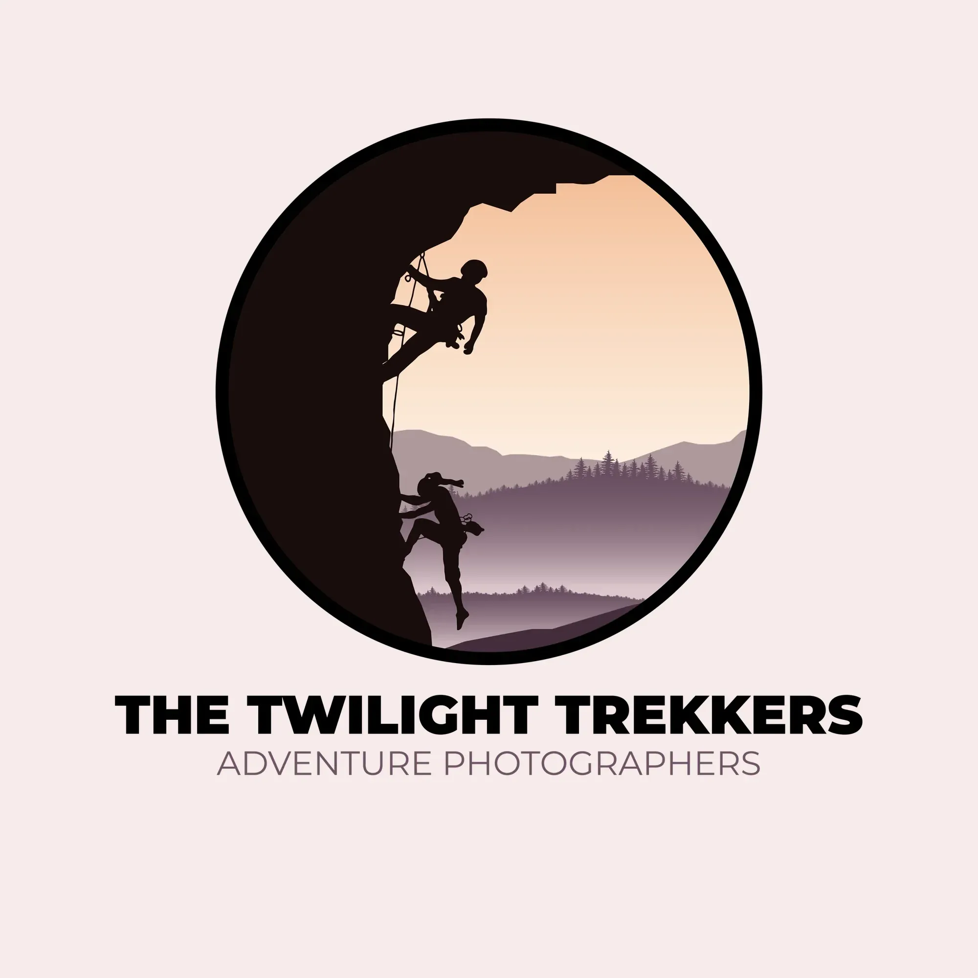 The Twilight Trekkers logo: two climbers silhouetted on a rock face inside a circle, against a peach sky over purple mountains, above the words THE TWILIGHT TREKKERS and ADVENTURE PHOTOGRAPHERS.