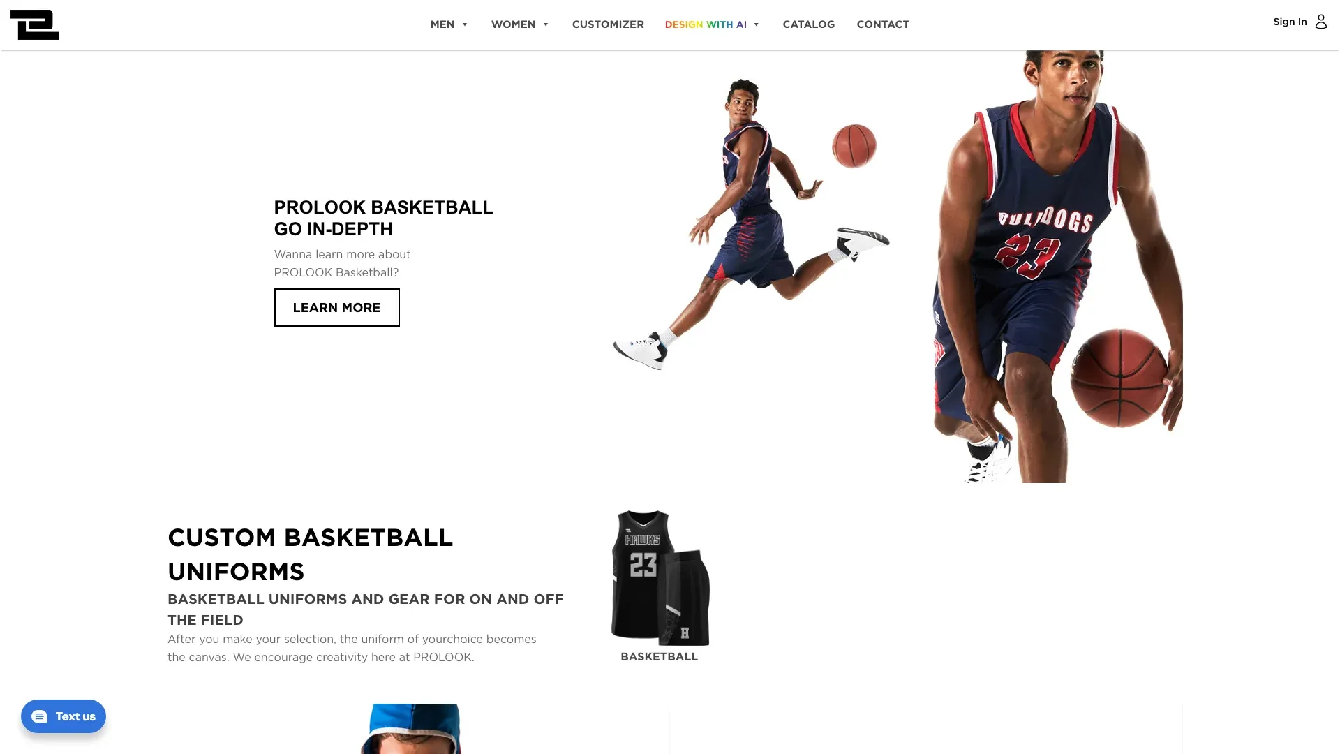 The men's basketball landing page, ProLook Basketball Go In-Depth, with players in action and a custom basketball uniforms section.