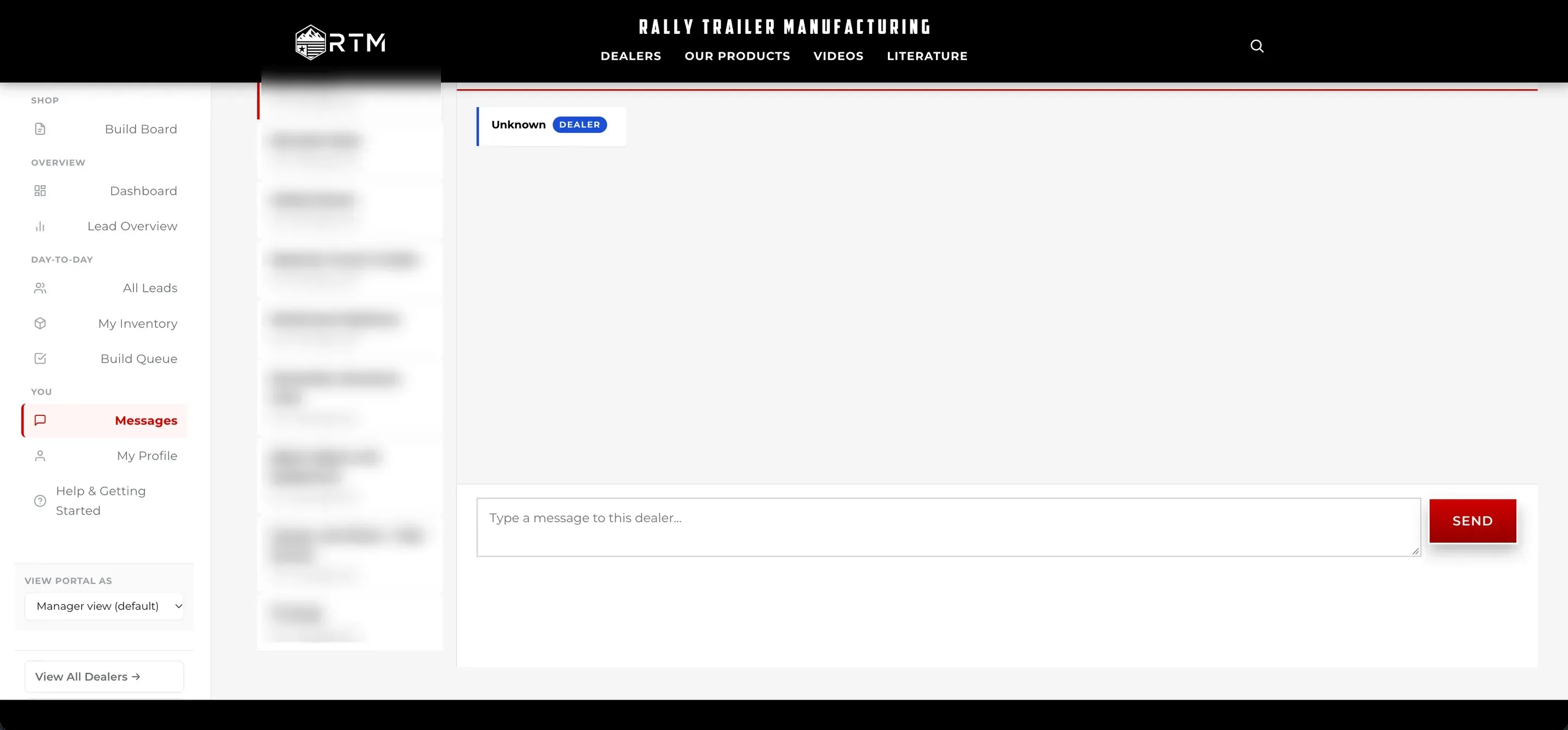 The portal's messages screen — a list of dealers down the left and a conversation pane on the right.