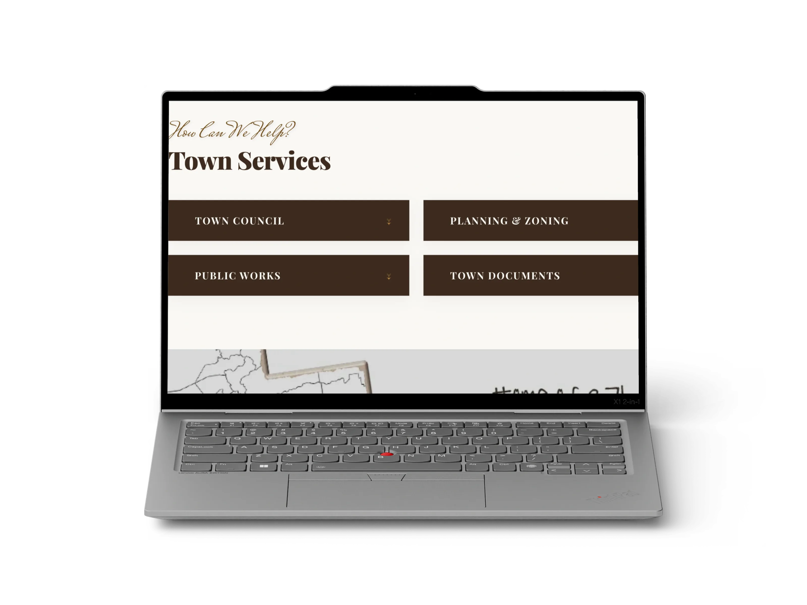 A laptop showing the Leamington Town website: "How Can We Help?" above "Town Services", with buttons for Town Council, Planning & Zoning, Public Works and Town Documents.