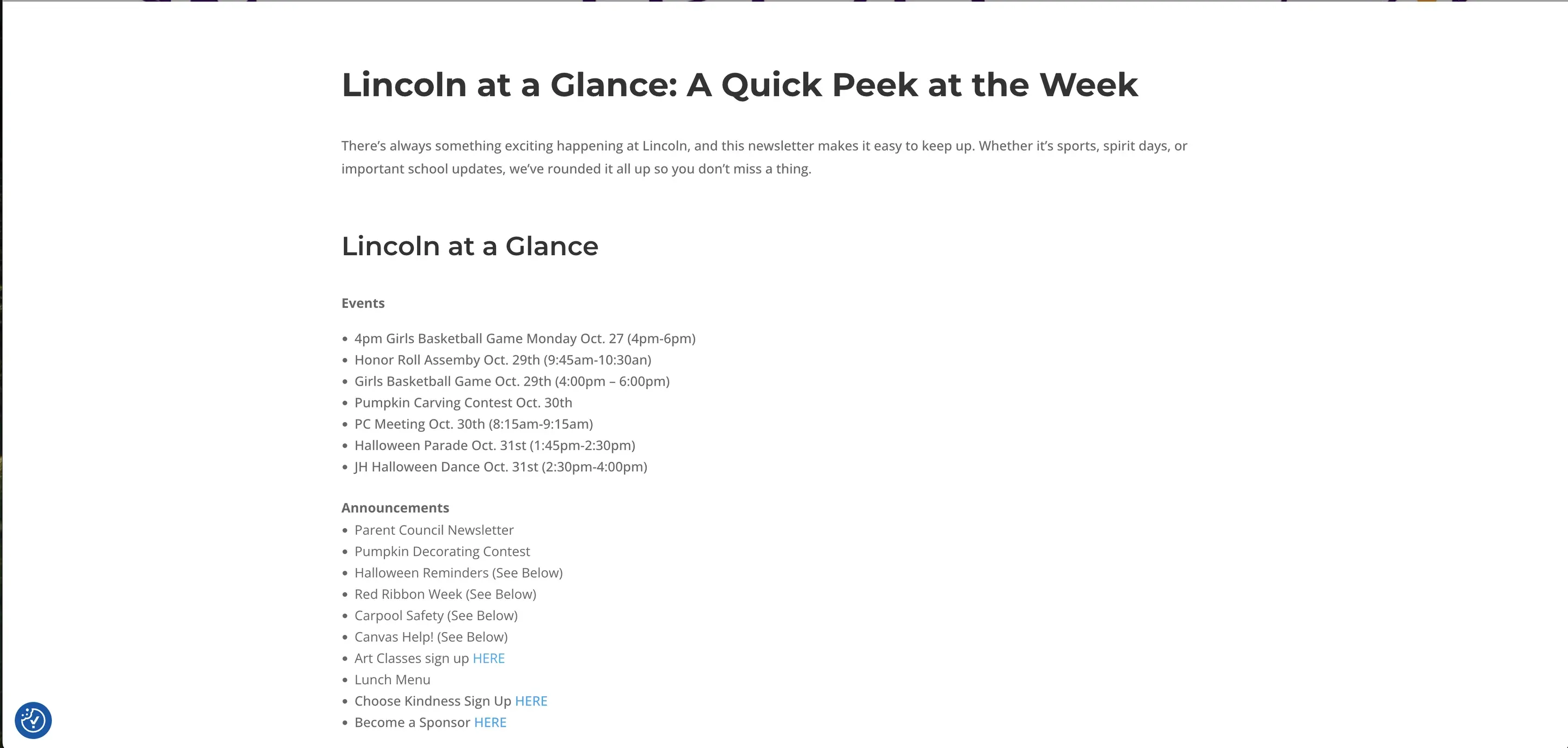 The 2025 web version of "Lincoln at a Glance: A Quick Peek at the Week" — a short intro, then Events and Announcements as plain bulleted lists.