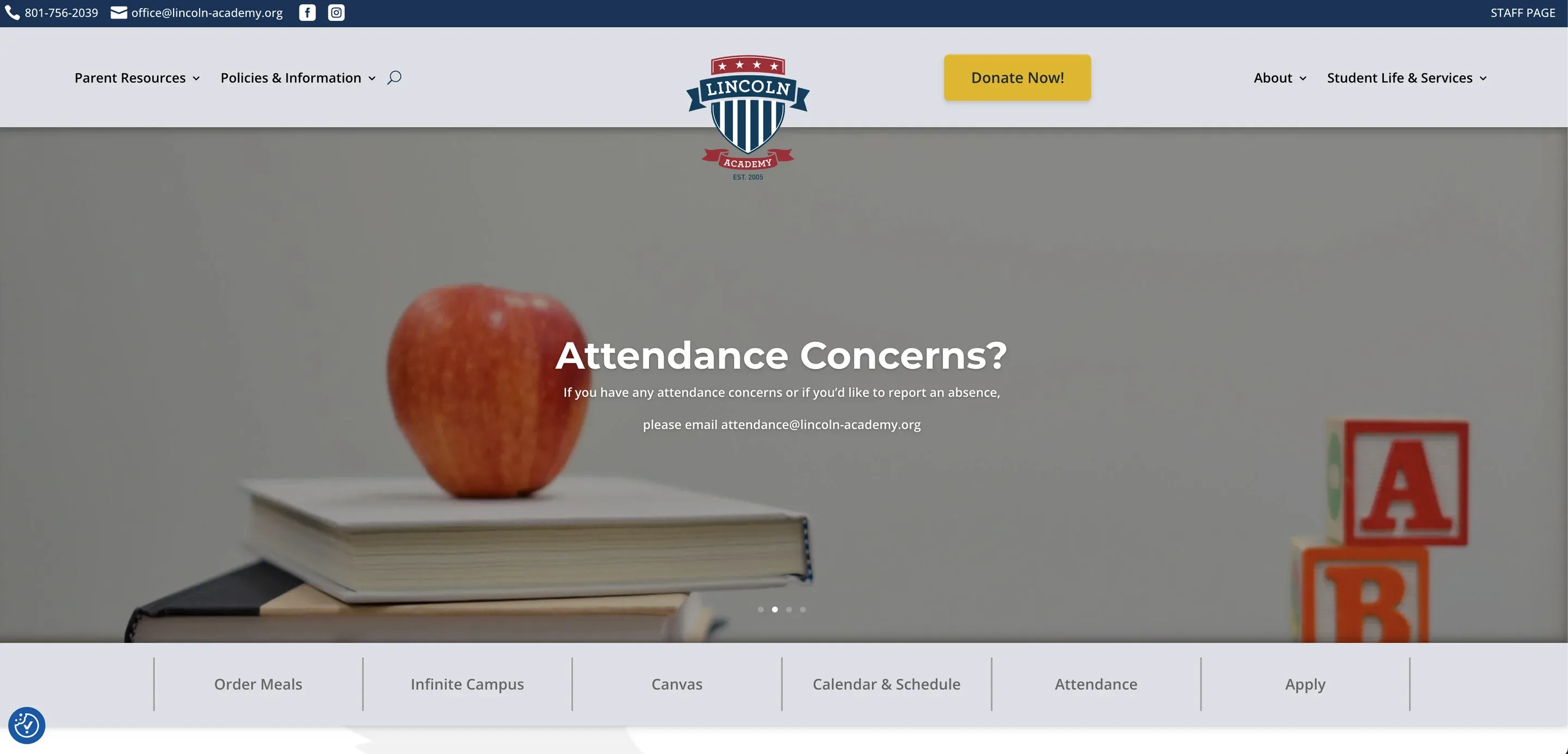 The Divi home page in 2025 — a two-sided menu with the logo in the middle, an "Attendance Concerns?" slide, and a bar of links for Order Meals, Infinite Campus, Canvas, Calendar & Schedule, Attendance and Apply.