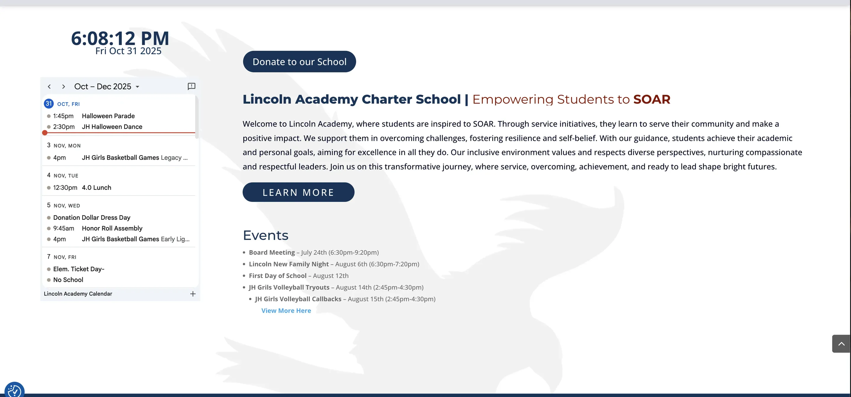 Further down the 2025 home page — a clock and a Google Calendar widget beside "Lincoln Academy Charter School | Empowering Students to SOAR", a Learn More button and a short Events list.