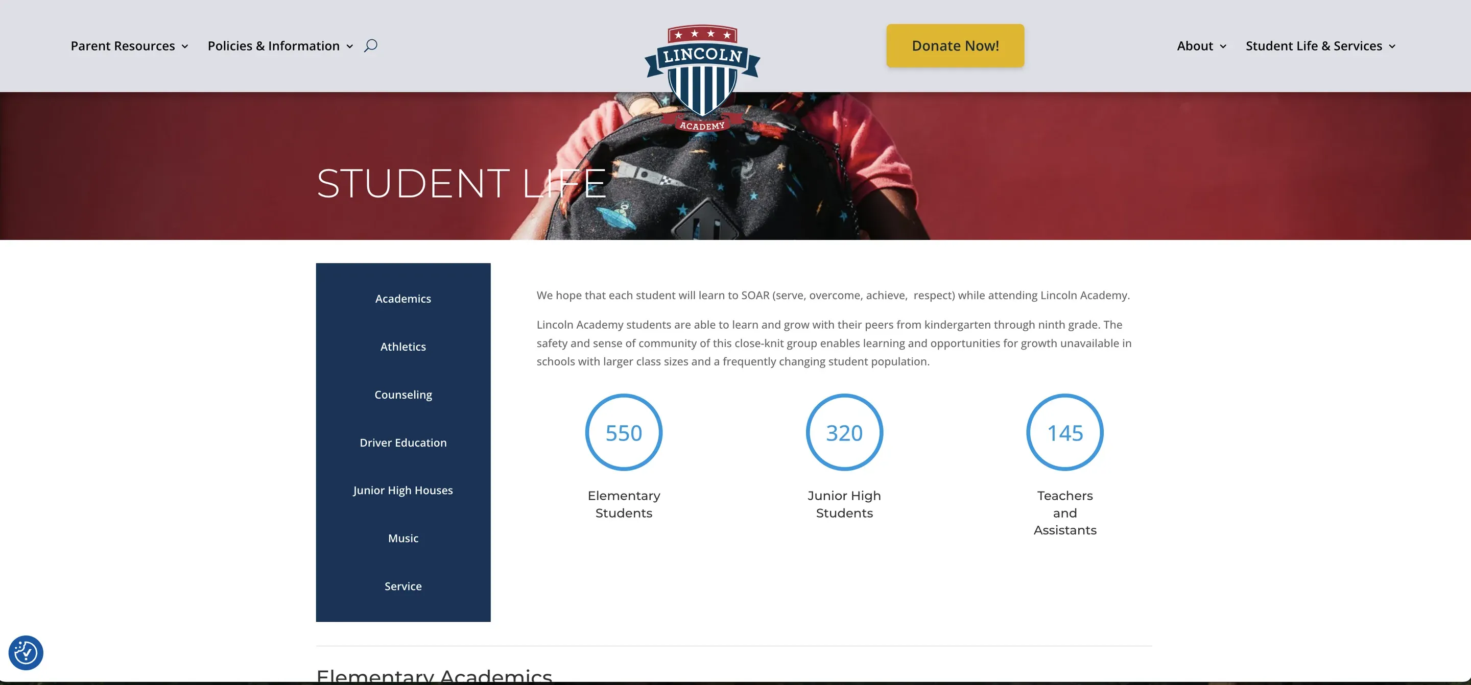 The 2025 Student Life page — a dark blue side menu and three counters, 550 elementary students, 320 junior high students and 145 teachers and assistants.